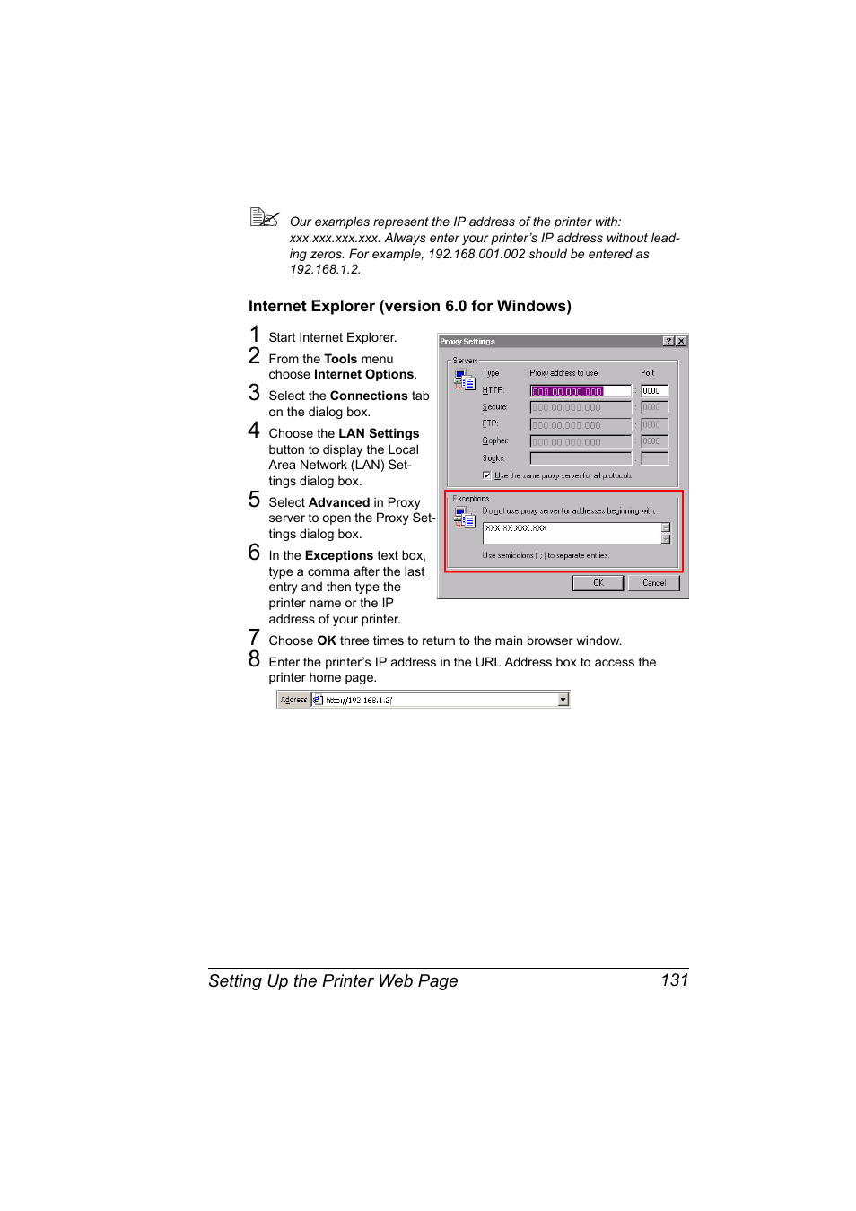 Internet explorer (version 6.0 for windows), Internet explorer (version 6.0 for windows) 131 | Konica Minolta magicolor 4650 User Manual | Page 149 / 334