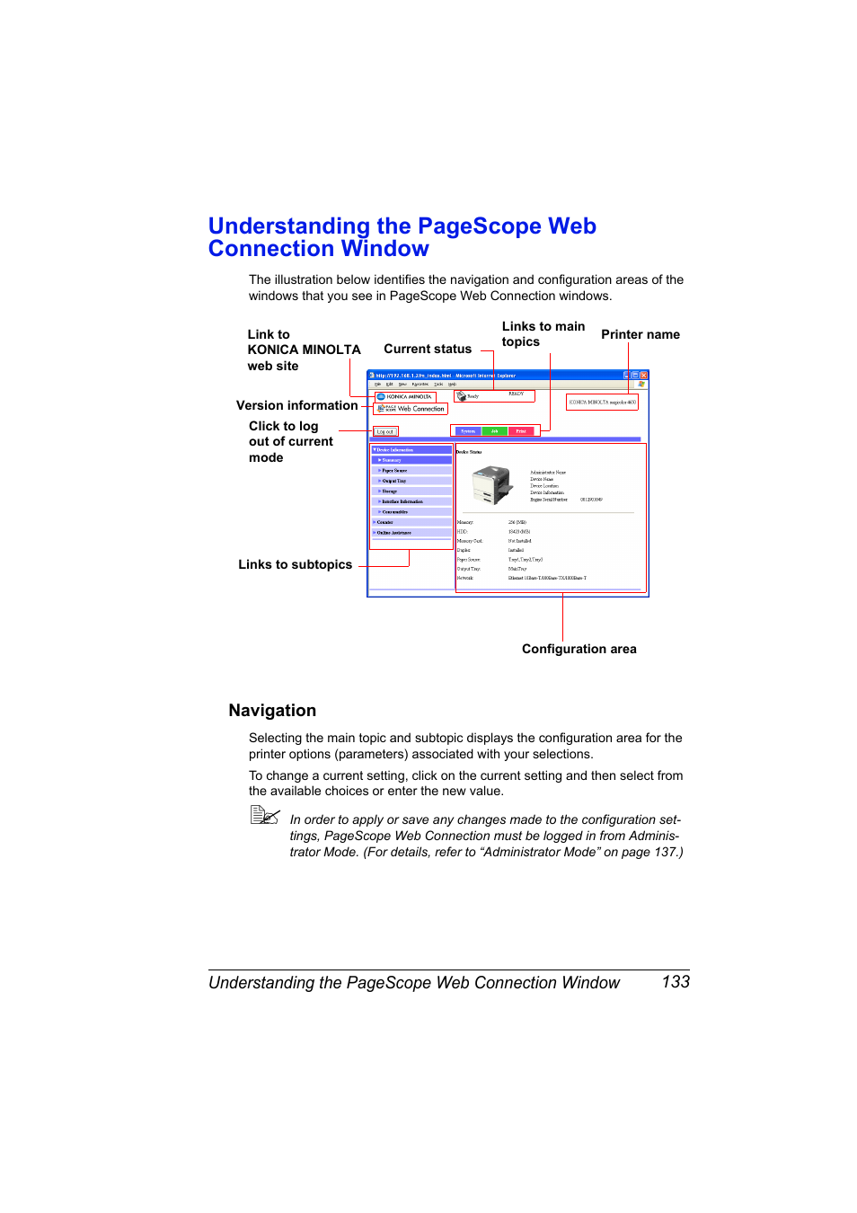 Navigation, Navigation 133, Understanding the pagescope web connection window | Konica Minolta magicolor 4650 User Manual | Page 151 / 334