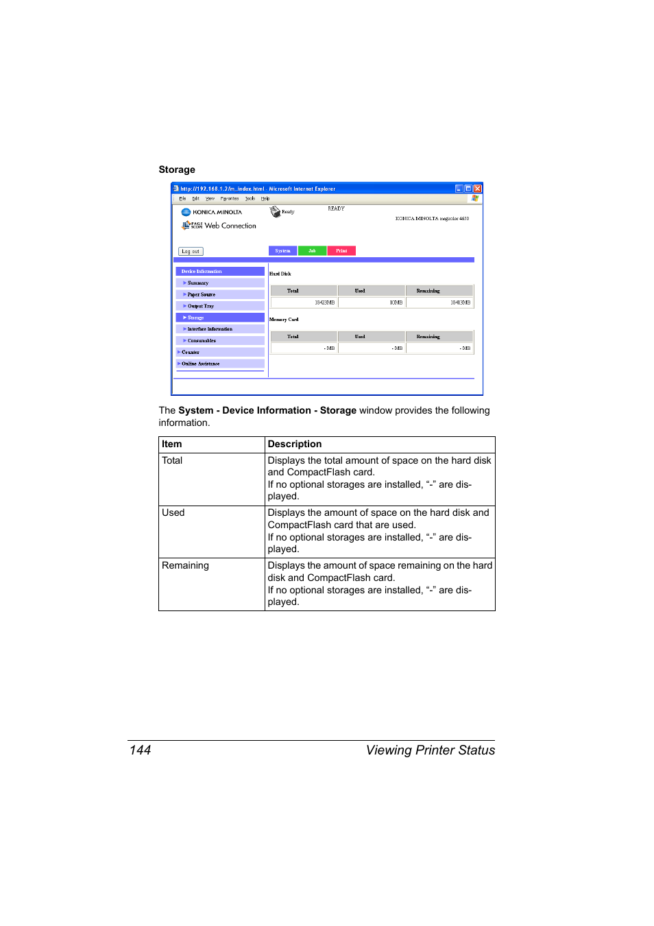 Viewing printer status 144 | Konica Minolta magicolor 4650 User Manual | Page 162 / 334