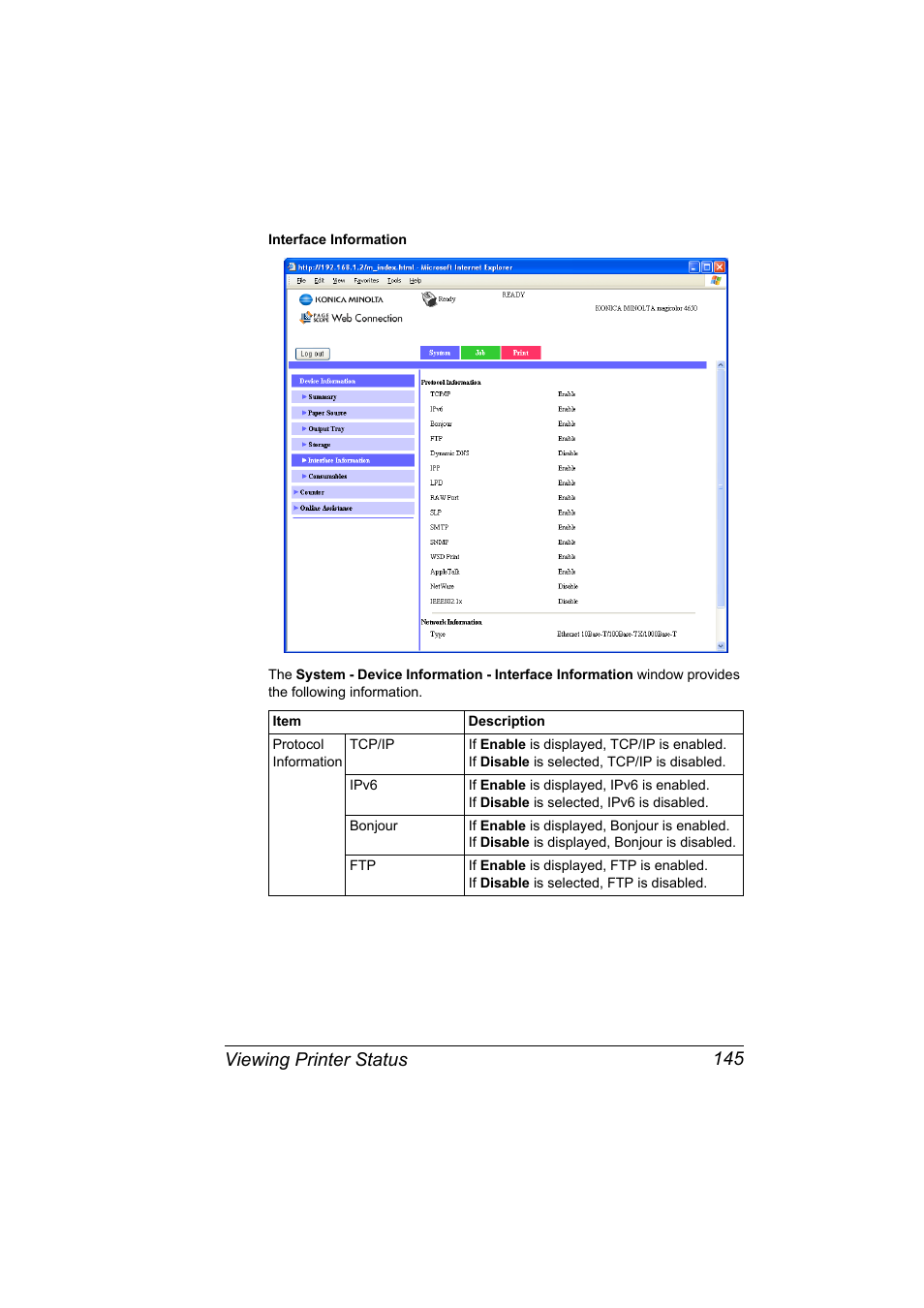 Viewing printer status 145 | Konica Minolta magicolor 4650 User Manual | Page 163 / 334