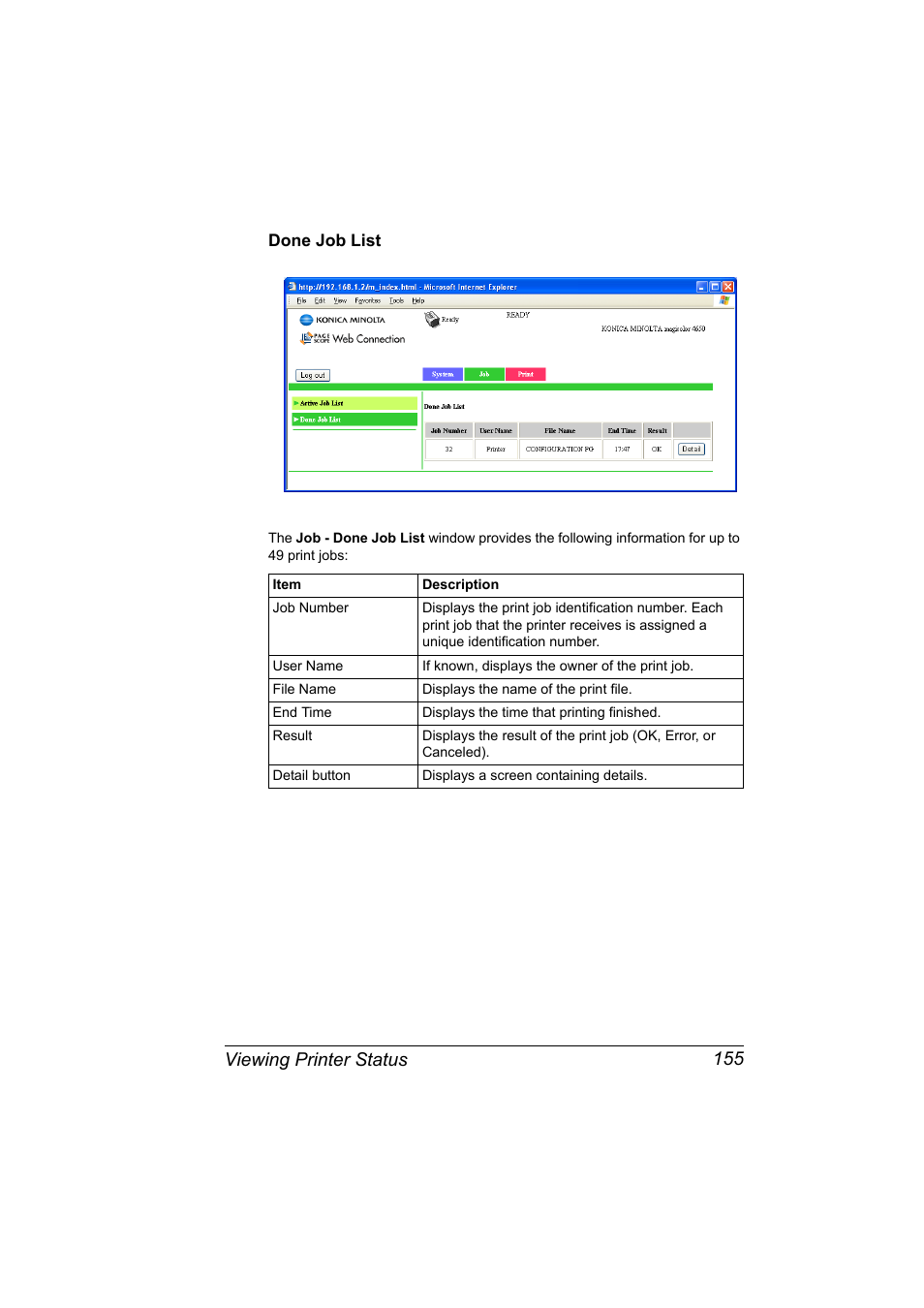 Done job list, Done job list 155, Viewing printer status 155 | Konica Minolta magicolor 4650 User Manual | Page 173 / 334