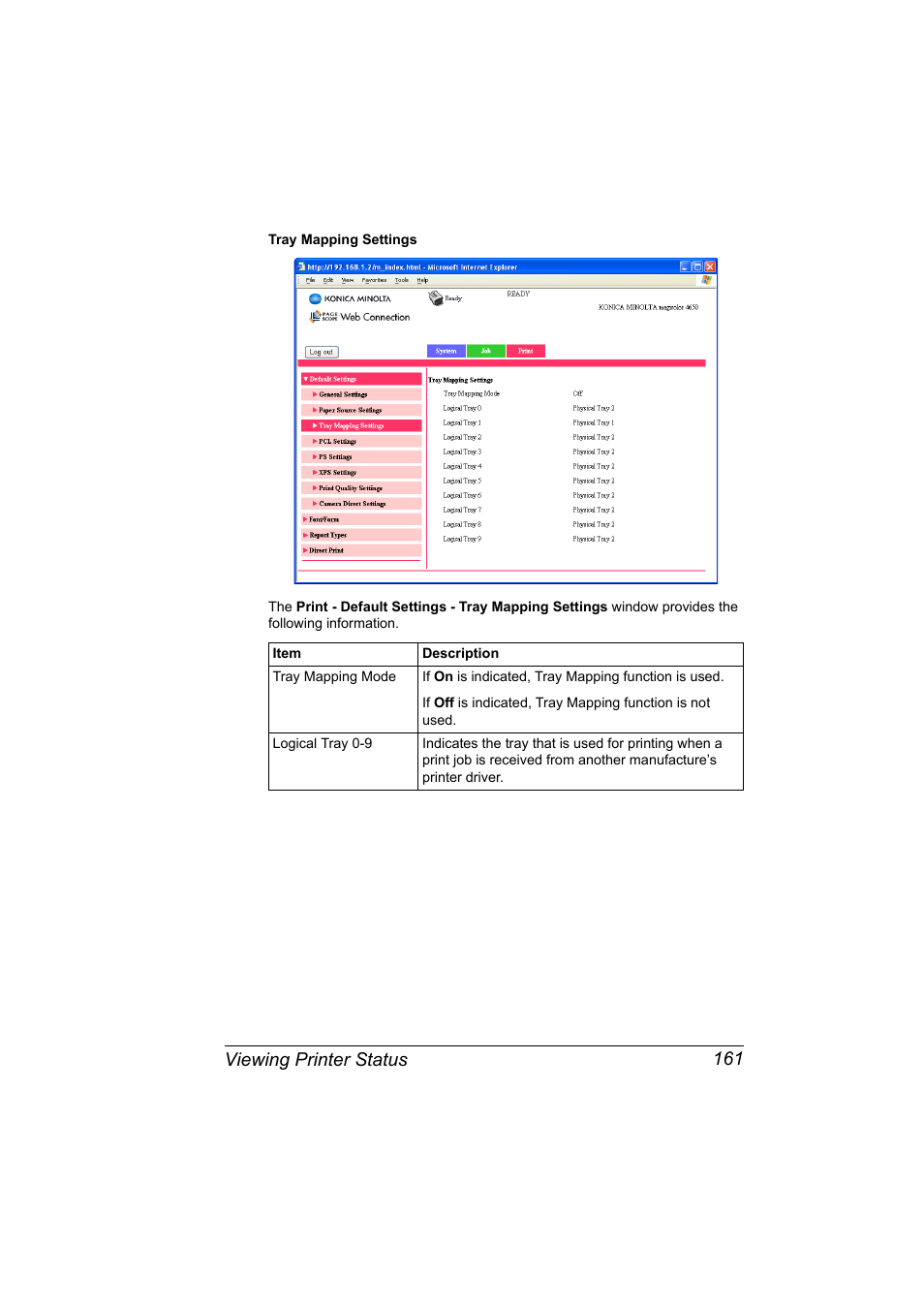 Viewing printer status 161 | Konica Minolta magicolor 4650 User Manual | Page 179 / 334