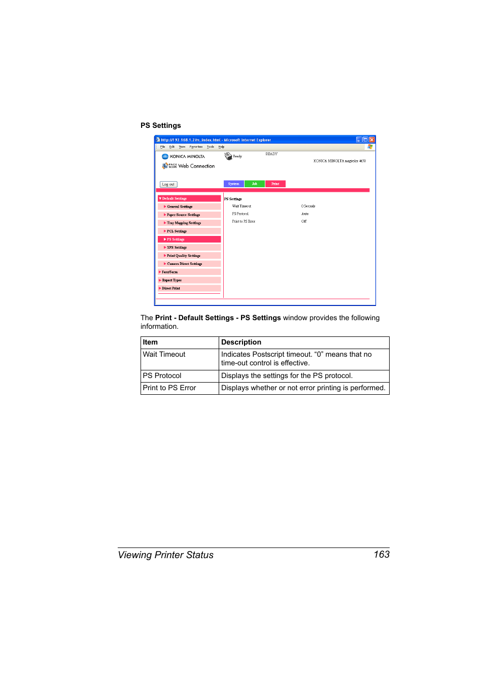 Viewing printer status 163 | Konica Minolta magicolor 4650 User Manual | Page 181 / 334