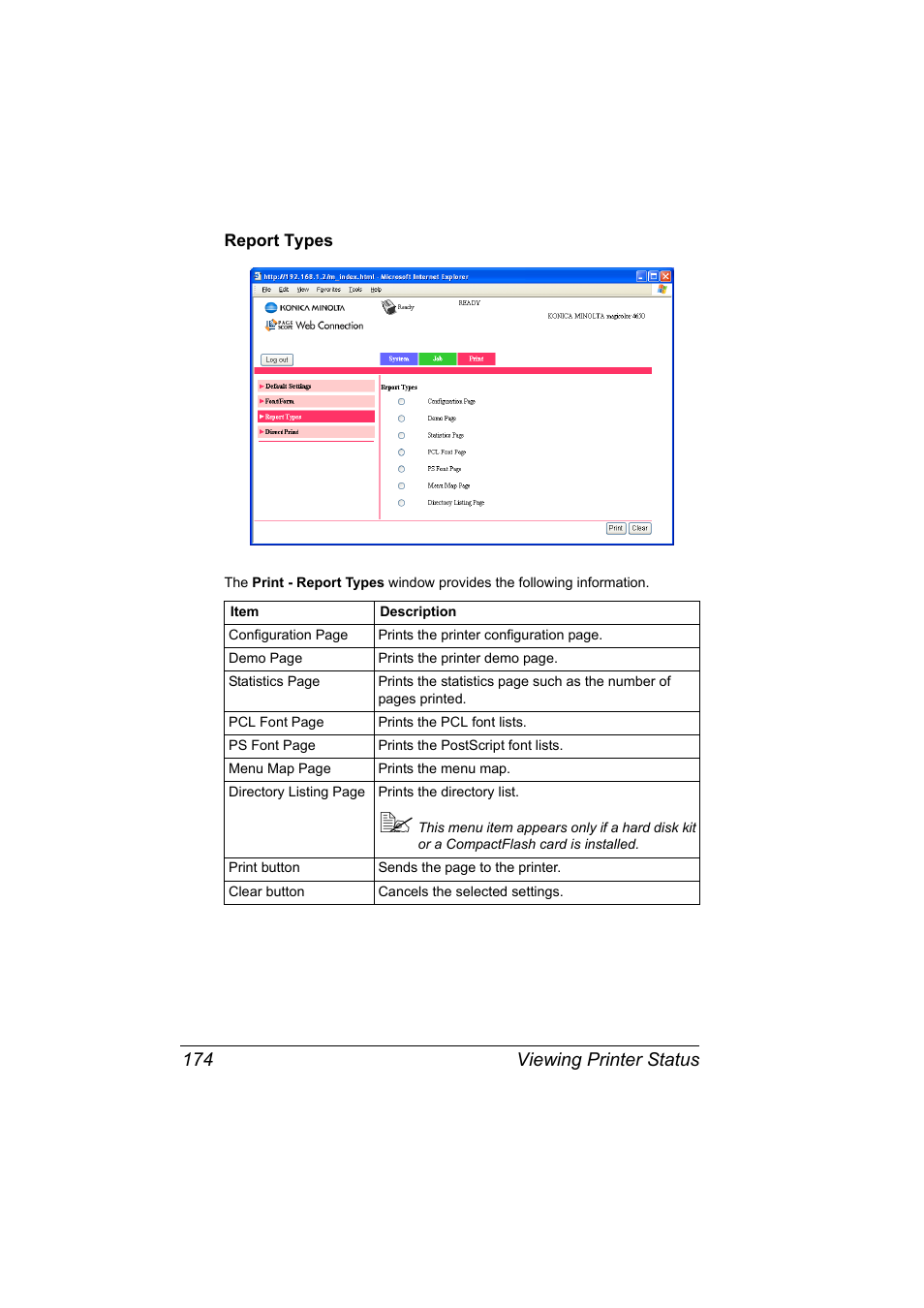Report types, Report types 174, Viewing printer status 174 | Konica Minolta magicolor 4650 User Manual | Page 192 / 334