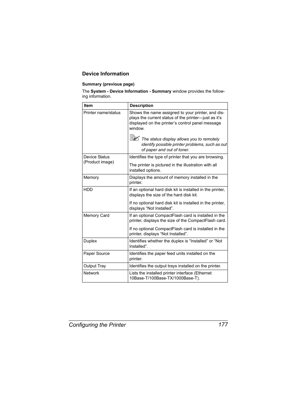 Device information, Device information 177, Configuring the printer 177 | Konica Minolta magicolor 4650 User Manual | Page 195 / 334