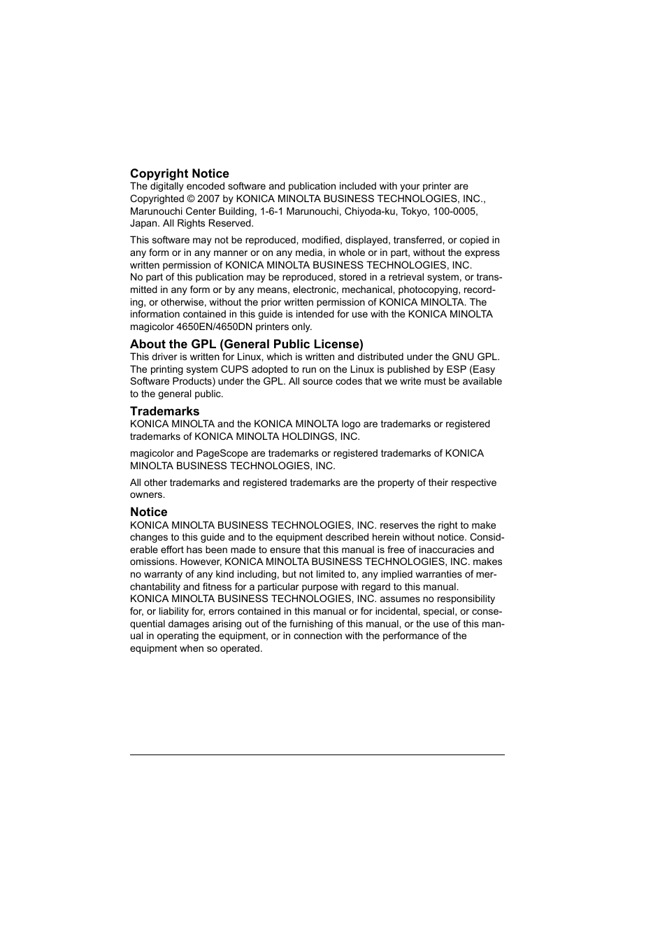 Copyright notice, About the gpl (general public license), Trademarks | Notice | Konica Minolta magicolor 4650 User Manual | Page 2 / 334