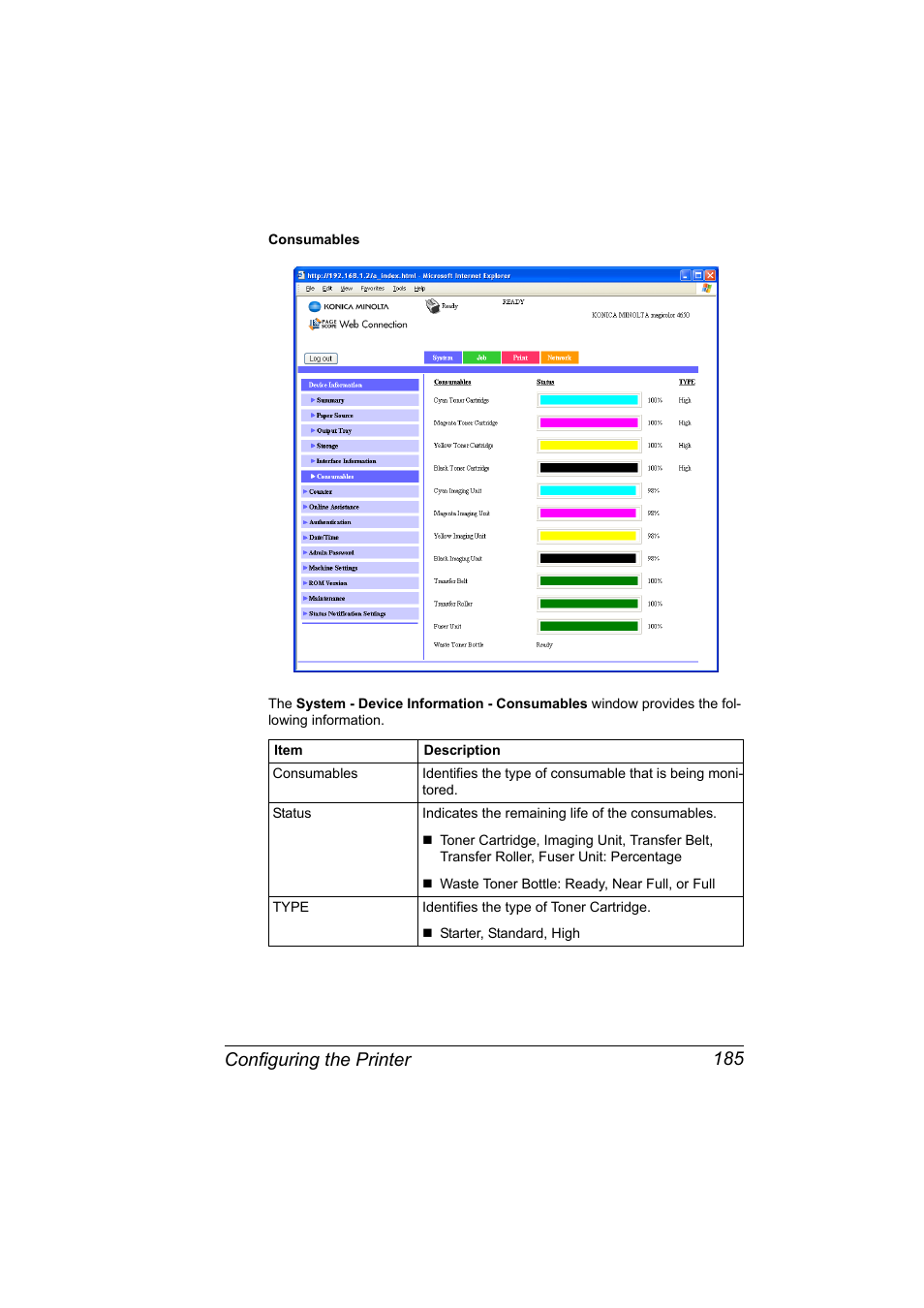 Configuring the printer 185 | Konica Minolta magicolor 4650 User Manual | Page 203 / 334