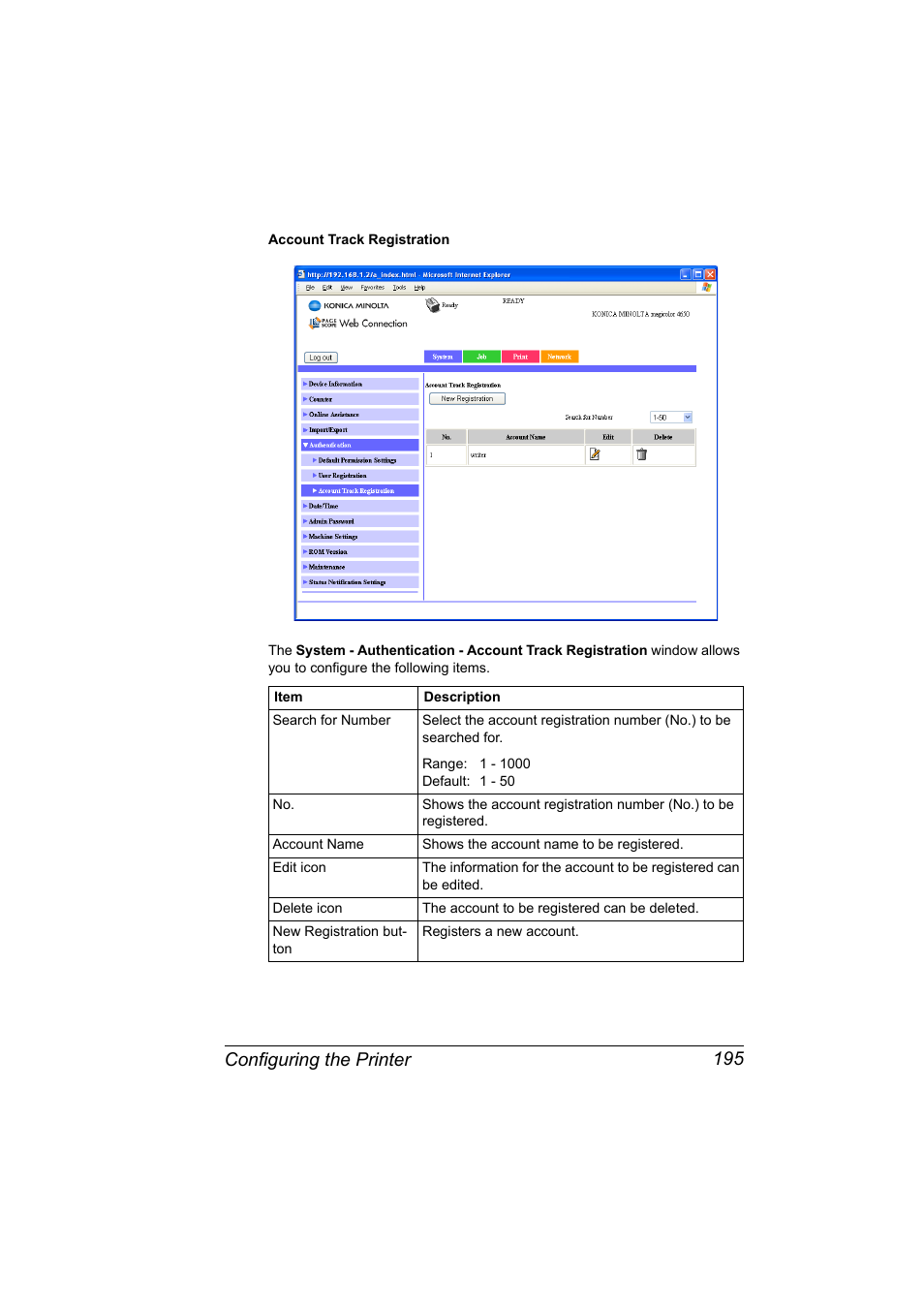 Configuring the printer 195 | Konica Minolta magicolor 4650 User Manual | Page 213 / 334