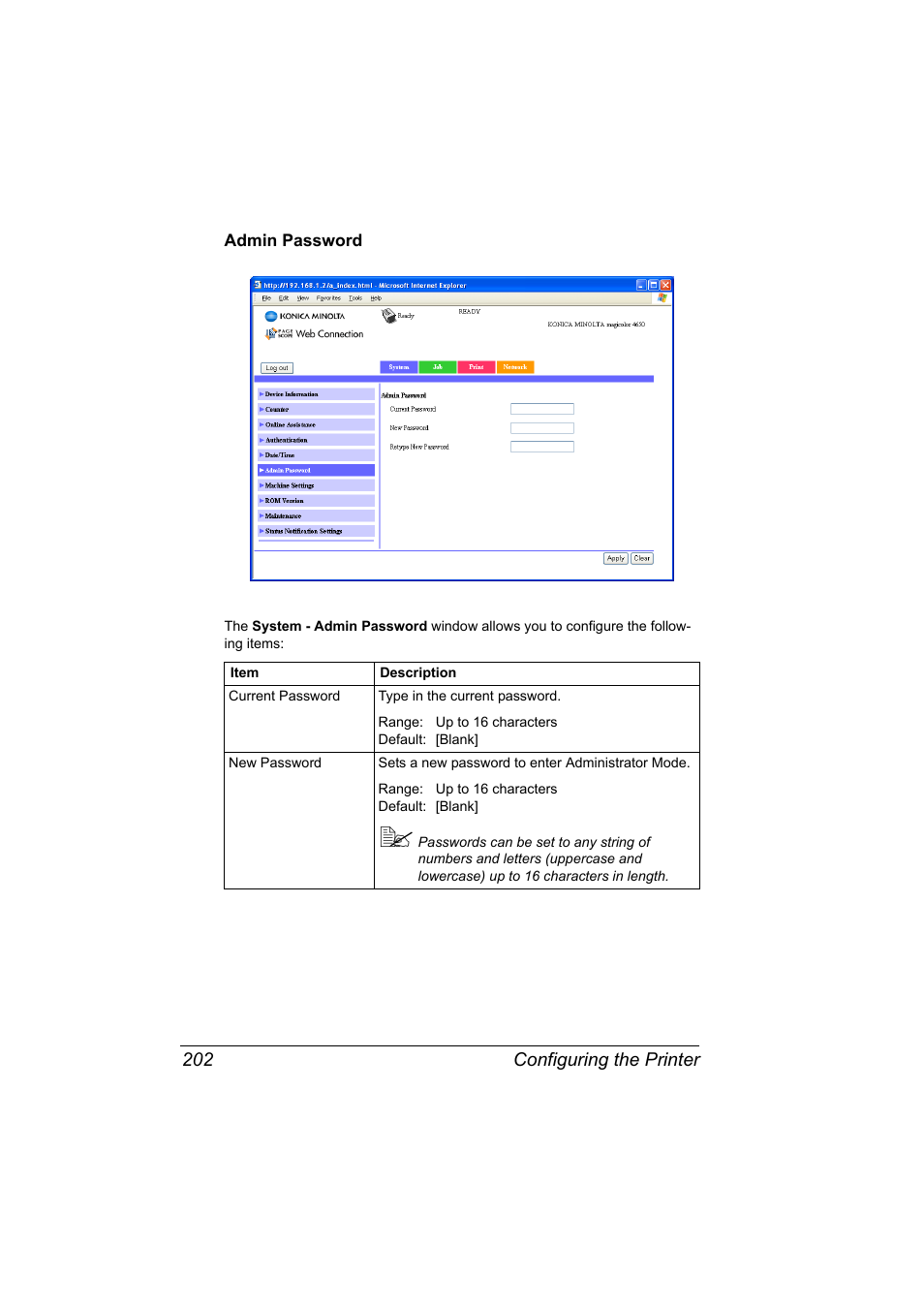 Admin password, Admin password 202 | Konica Minolta magicolor 4650 User Manual | Page 220 / 334
