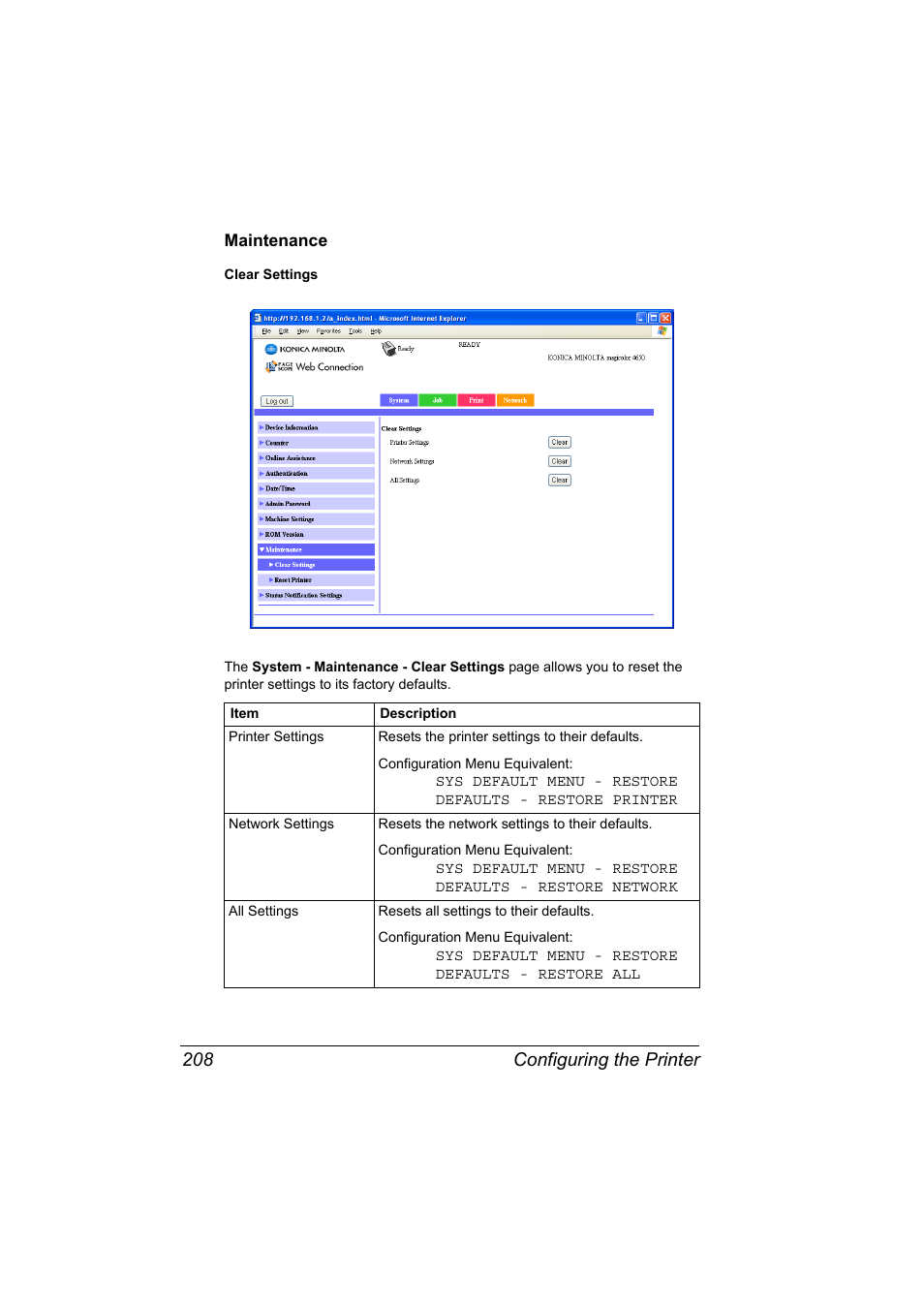 Maintenance, Maintenance 208, Configuring the printer 208 | Konica Minolta magicolor 4650 User Manual | Page 226 / 334