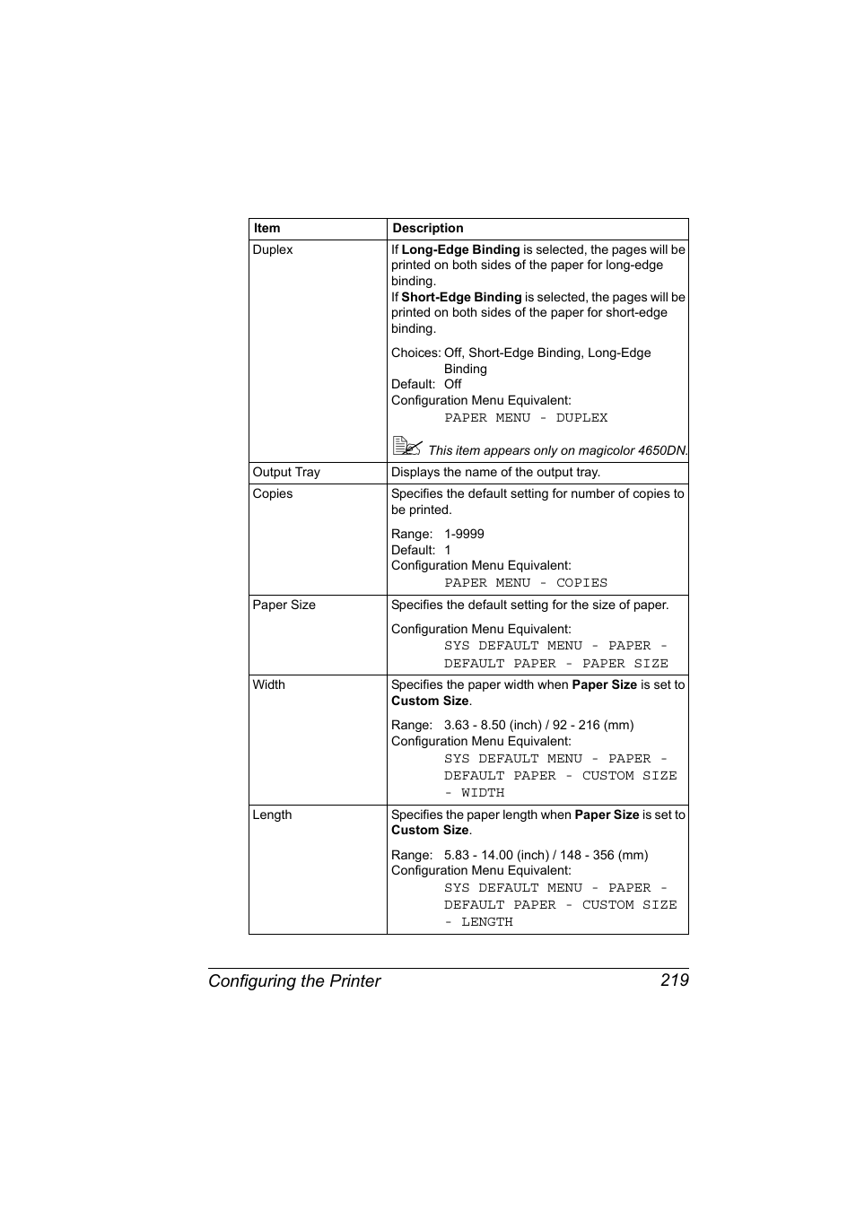 Configuring the printer 219 | Konica Minolta magicolor 4650 User Manual | Page 237 / 334