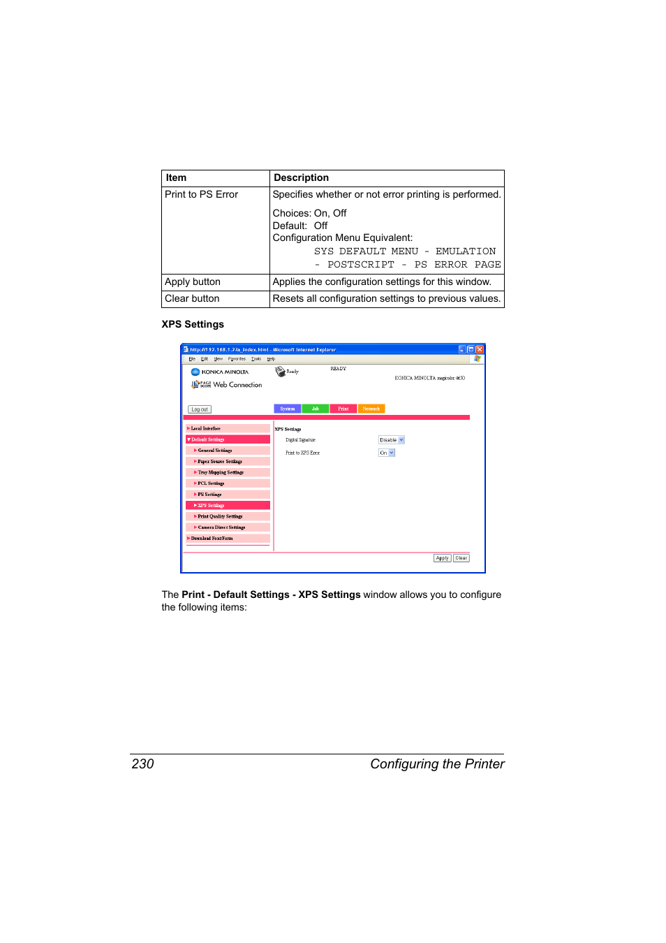 Configuring the printer 230 | Konica Minolta magicolor 4650 User Manual | Page 248 / 334