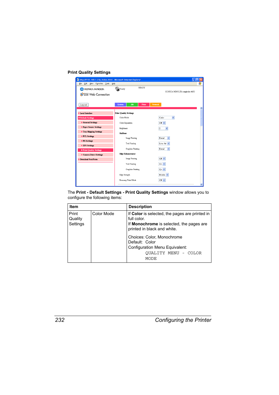 Configuring the printer 232 | Konica Minolta magicolor 4650 User Manual | Page 250 / 334