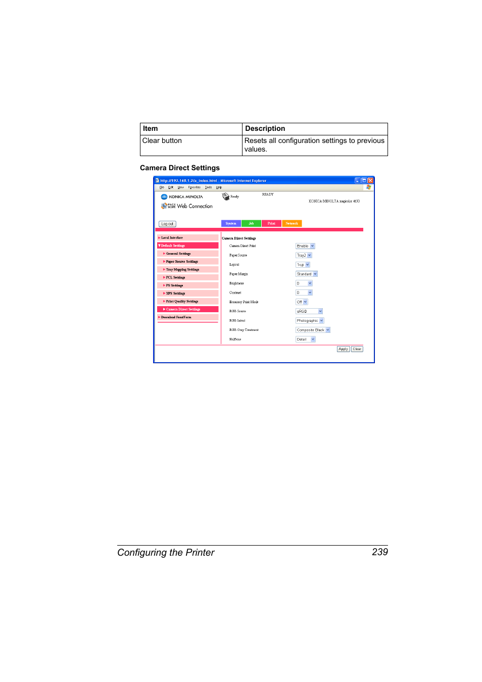 Configuring the printer 239 | Konica Minolta magicolor 4650 User Manual | Page 257 / 334