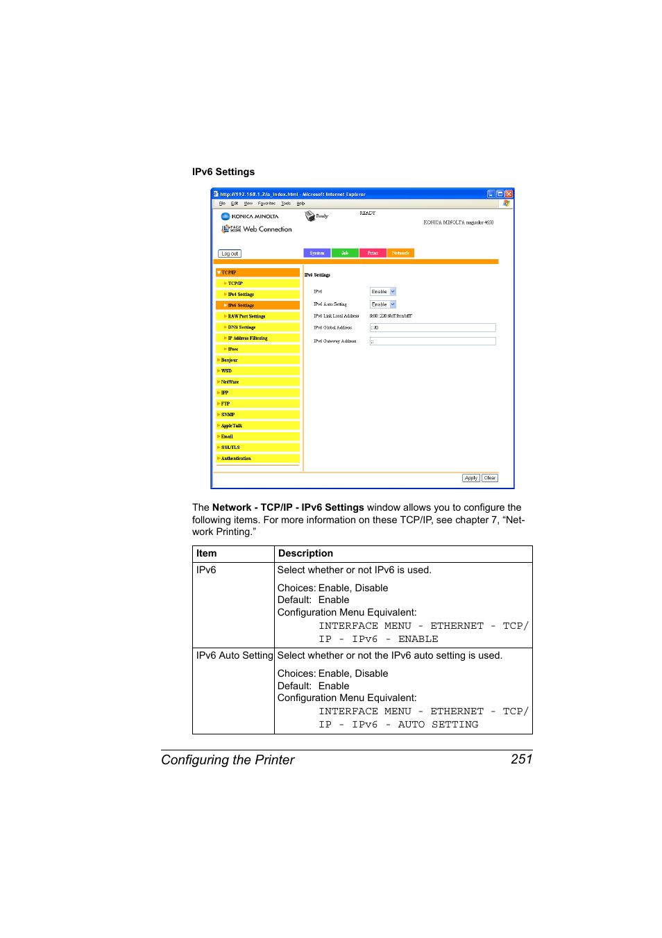 Configuring the printer 251 | Konica Minolta magicolor 4650 User Manual | Page 269 / 334