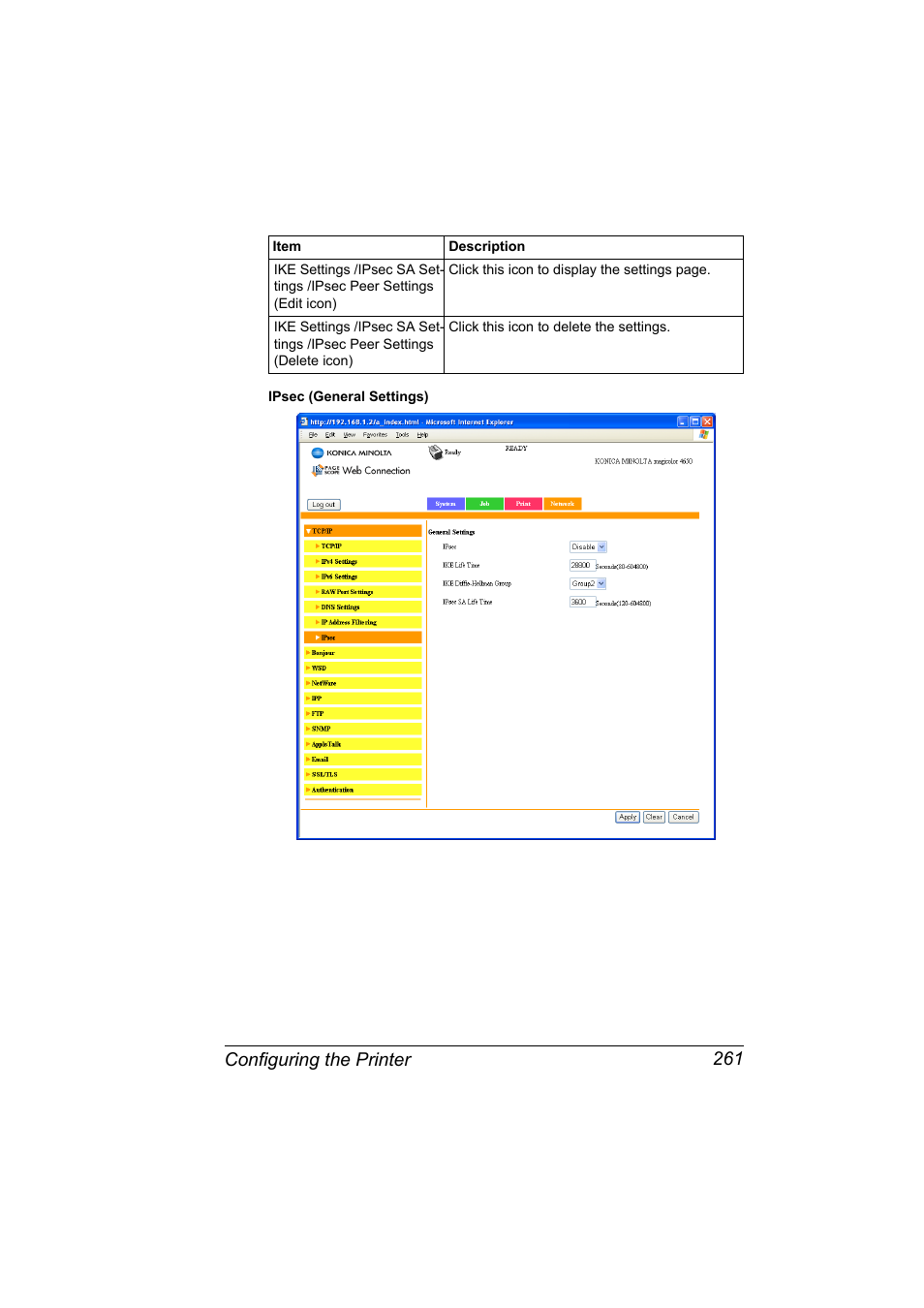 Configuring the printer 261 | Konica Minolta magicolor 4650 User Manual | Page 279 / 334