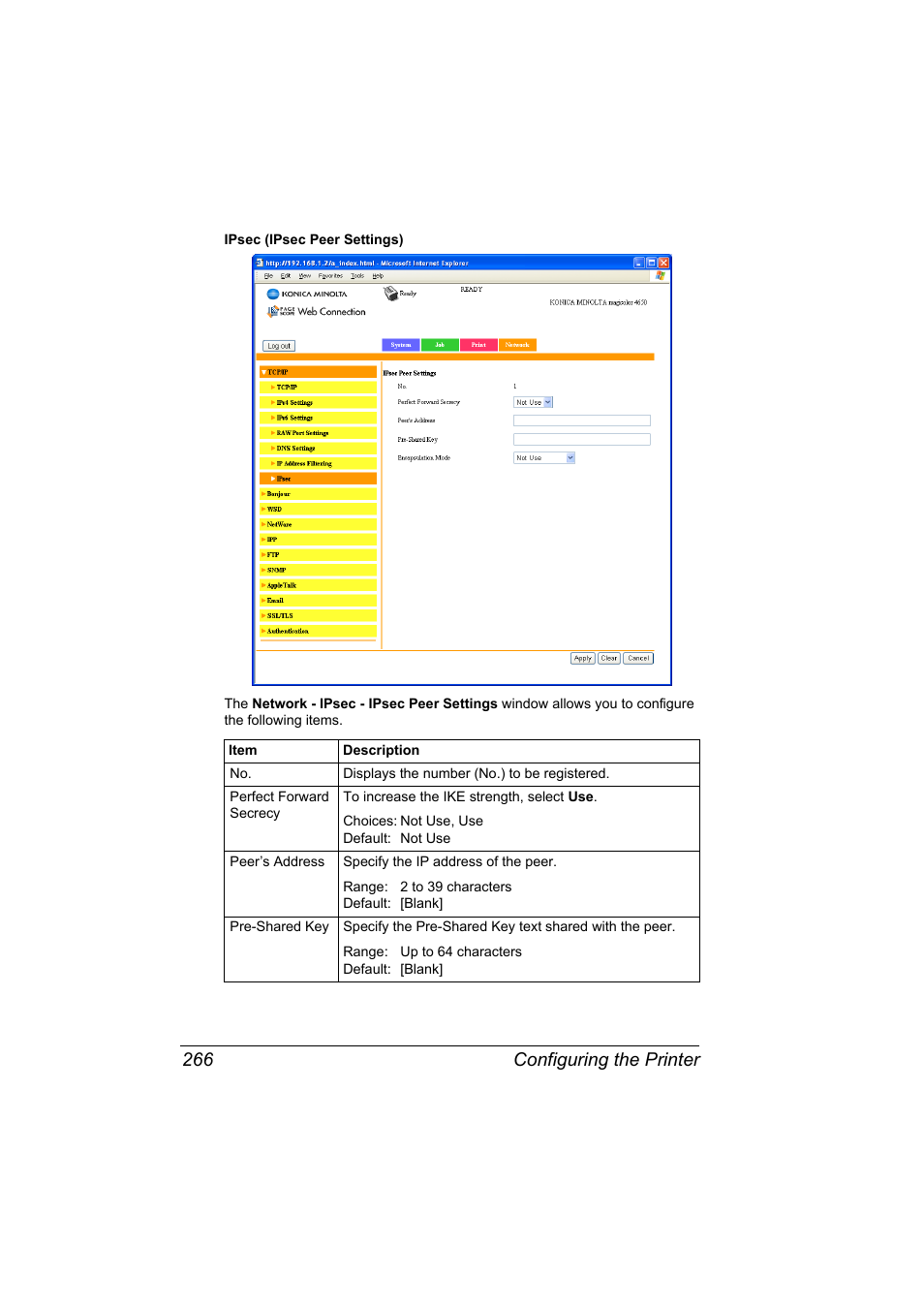 Configuring the printer 266 | Konica Minolta magicolor 4650 User Manual | Page 284 / 334