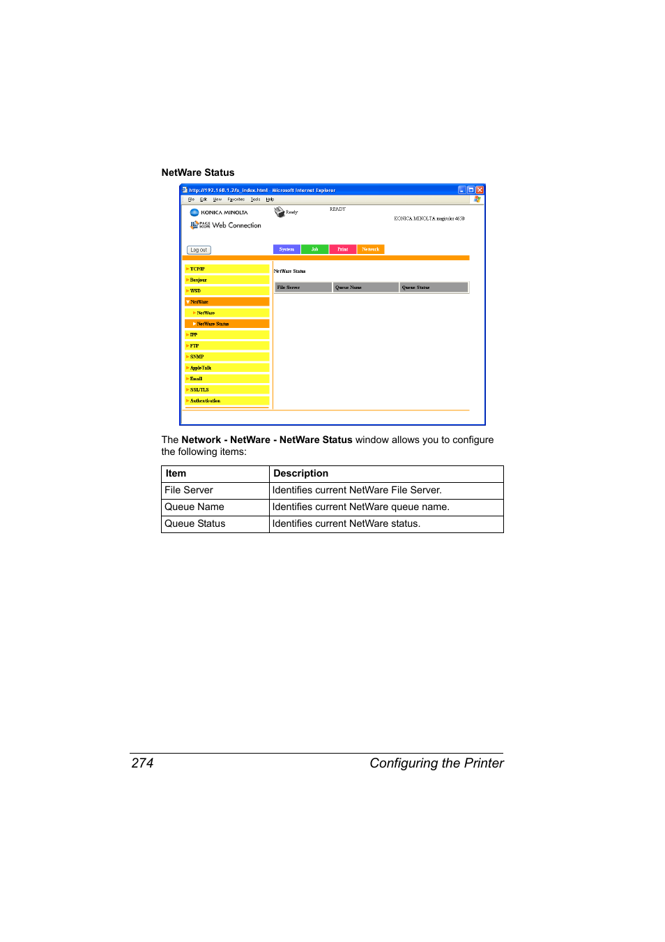 Configuring the printer 274 | Konica Minolta magicolor 4650 User Manual | Page 292 / 334