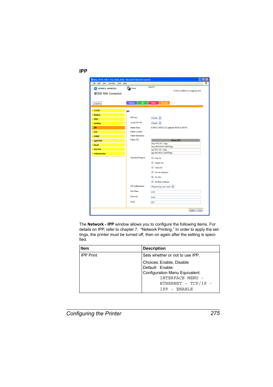 Ipp 275, Configuring the printer 275 | Konica Minolta magicolor 4650 User Manual | Page 293 / 334