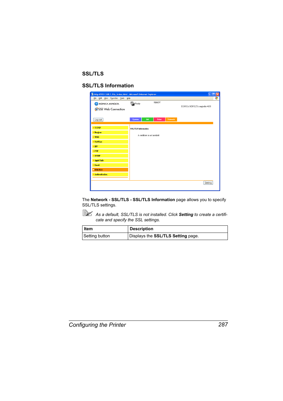 Ssl/tls, Ssl/tls information, Ssl/tls 287 ssl/tls information 287 | Konica Minolta magicolor 4650 User Manual | Page 305 / 334