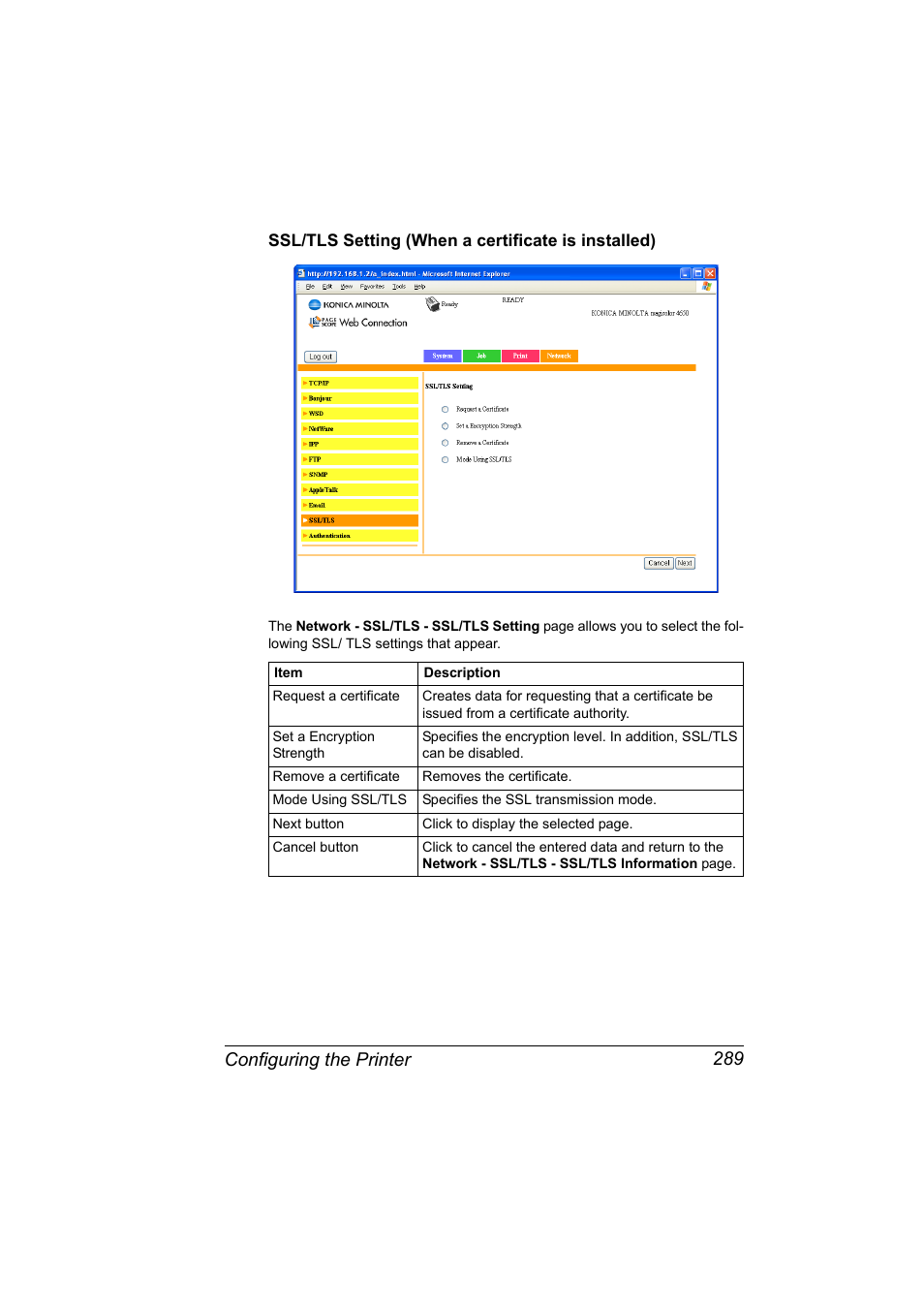 Ssl/tls setting (when a certificate is installed), Configuring the printer 289 | Konica Minolta magicolor 4650 User Manual | Page 307 / 334