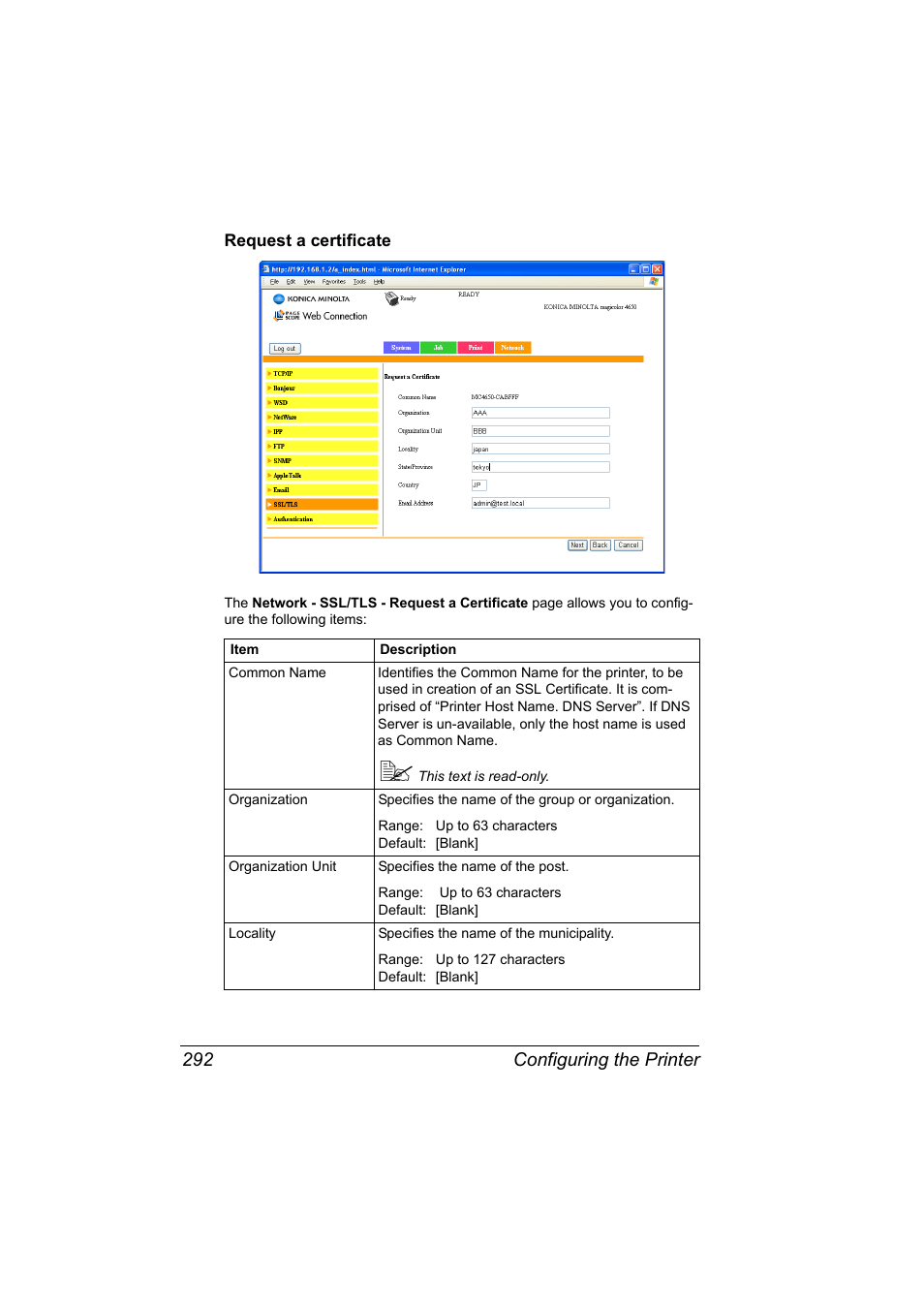 Request a certificate, Request a certificate 292, Configuring the printer 292 | Konica Minolta magicolor 4650 User Manual | Page 310 / 334