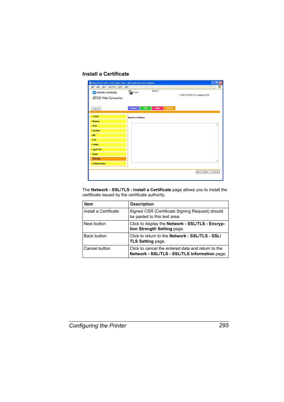 Install a certificate, Install a certificate 295, Configuring the printer 295 | Konica Minolta magicolor 4650 User Manual | Page 313 / 334