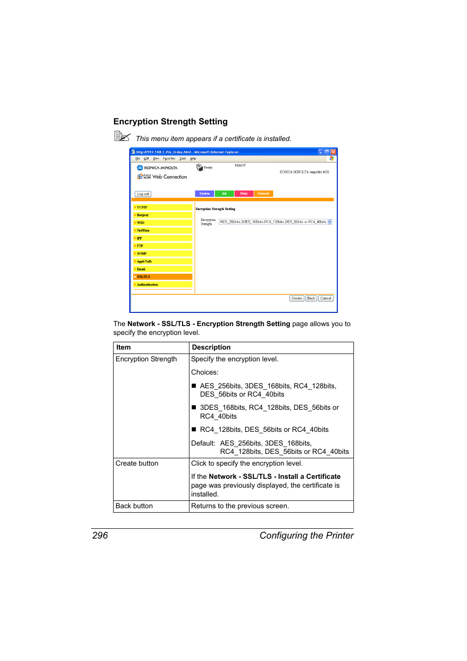 Encryption strength setting, Encryption strength setting 296, Configuring the printer 296 | Konica Minolta magicolor 4650 User Manual | Page 314 / 334