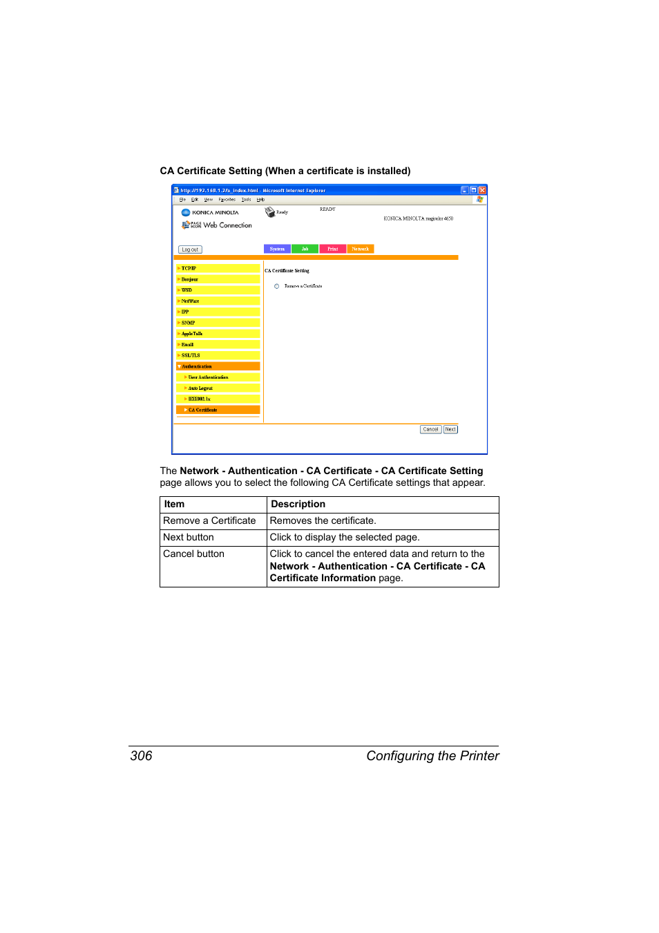 Configuring the printer 306 | Konica Minolta magicolor 4650 User Manual | Page 324 / 334