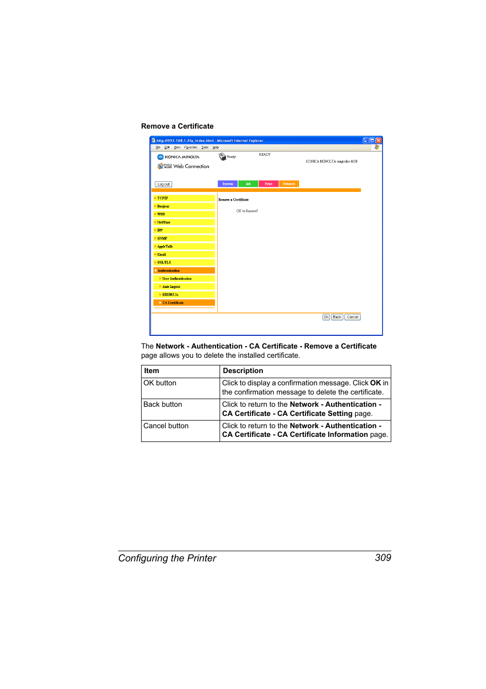 Configuring the printer 309 | Konica Minolta magicolor 4650 User Manual | Page 327 / 334