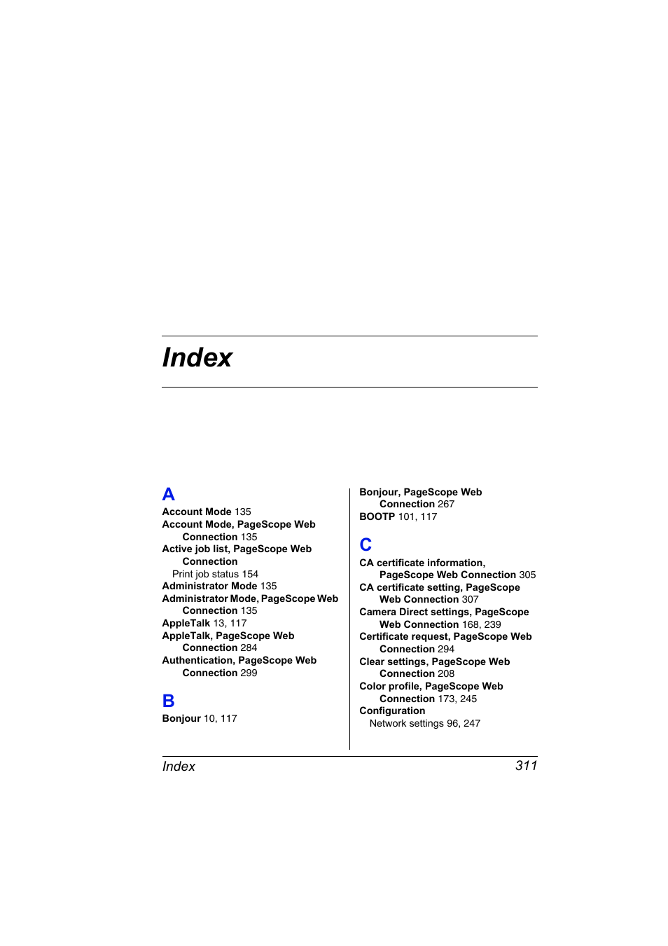 Index, A to c | Konica Minolta magicolor 4650 User Manual | Page 329 / 334