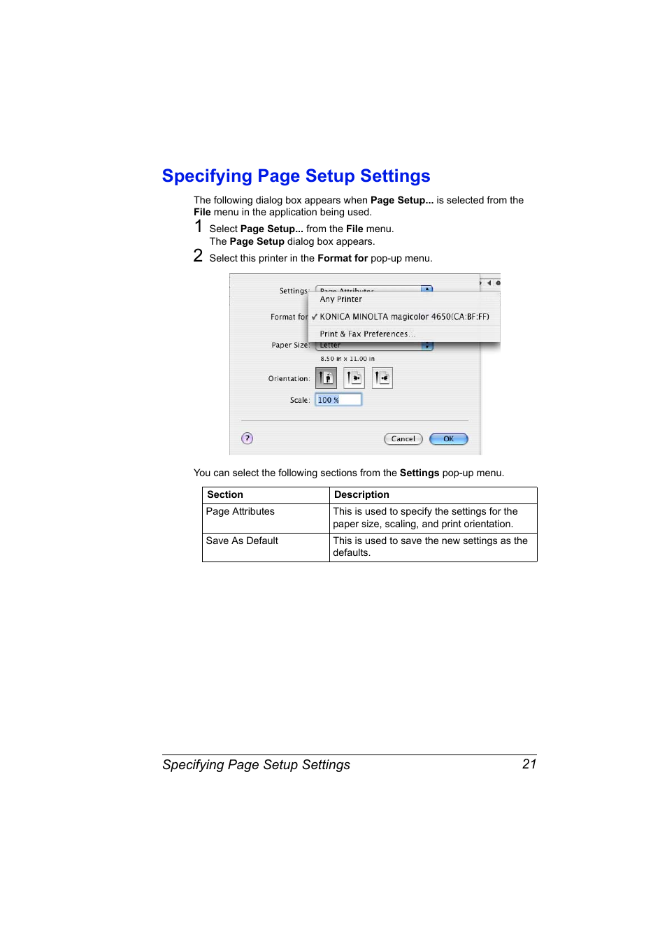 Specifying page setup settings | Konica Minolta magicolor 4650 User Manual | Page 39 / 334