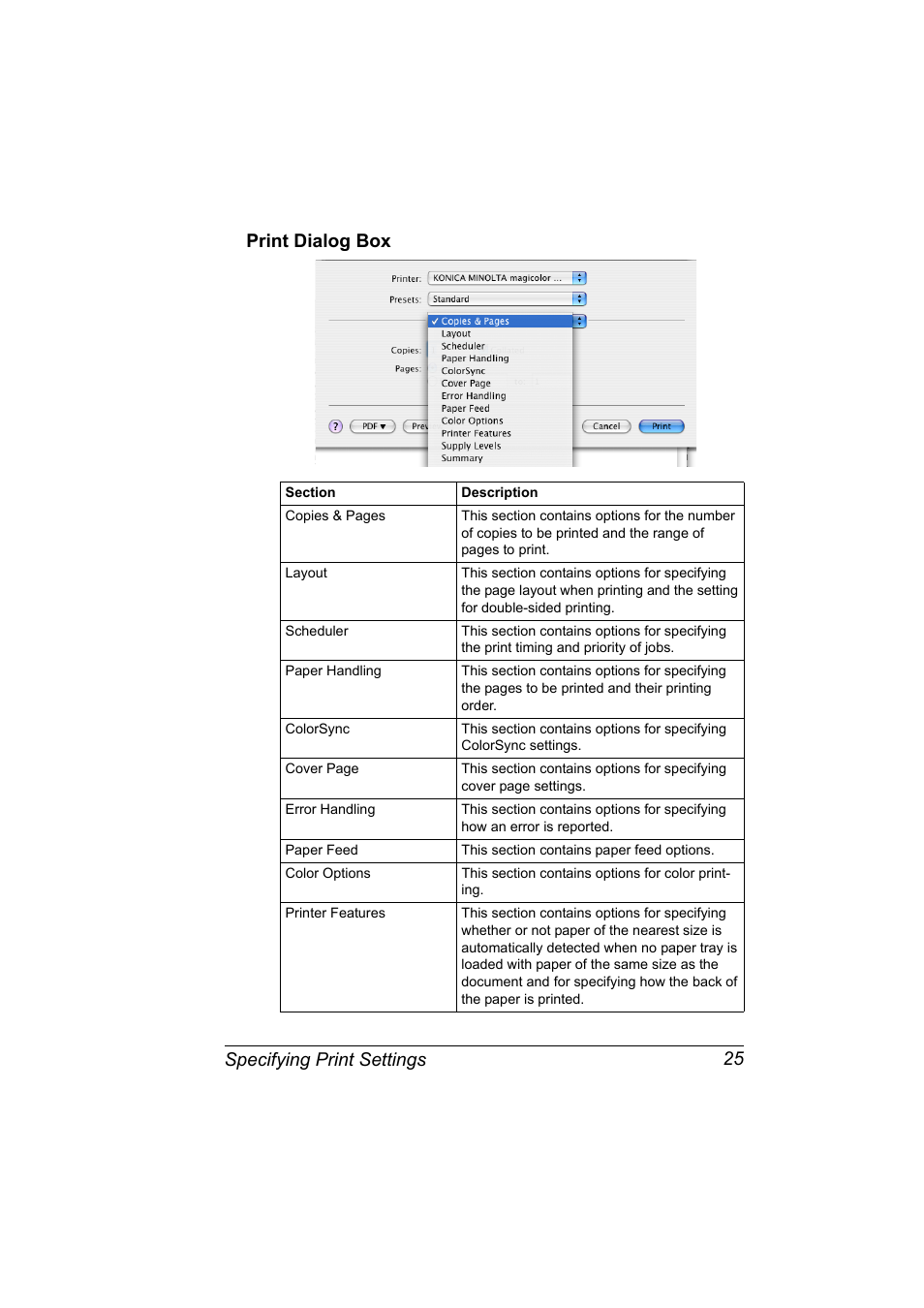 Print dialog box, Print dialog box 25, Specifying print settings 25 print dialog box | Konica Minolta magicolor 4650 User Manual | Page 43 / 334