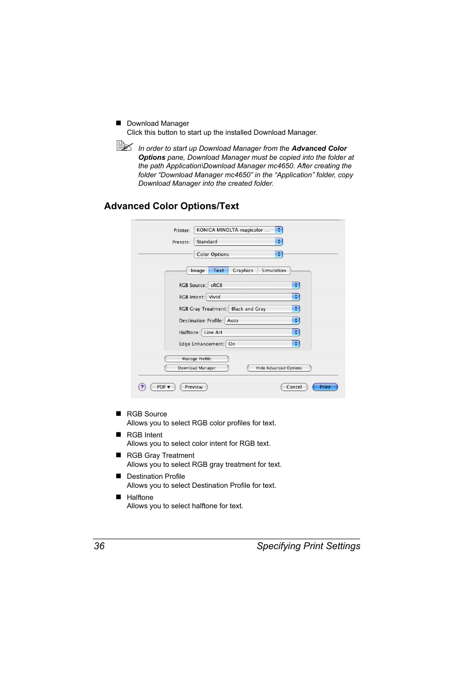 Advanced color options/text, Advanced color options/text 36 | Konica Minolta magicolor 4650 User Manual | Page 54 / 334