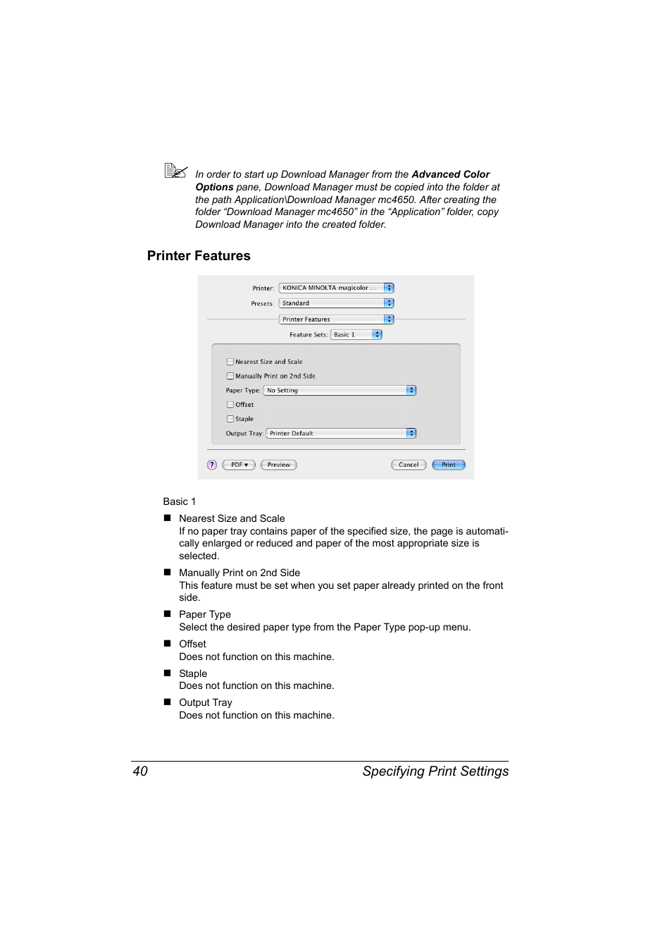 Printer features, Printer features 40 | Konica Minolta magicolor 4650 User Manual | Page 58 / 334