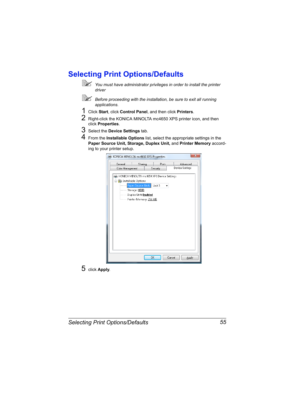 Selecting print options/defaults, Selecting print options/defaults 55 | Konica Minolta magicolor 4650 User Manual | Page 73 / 334