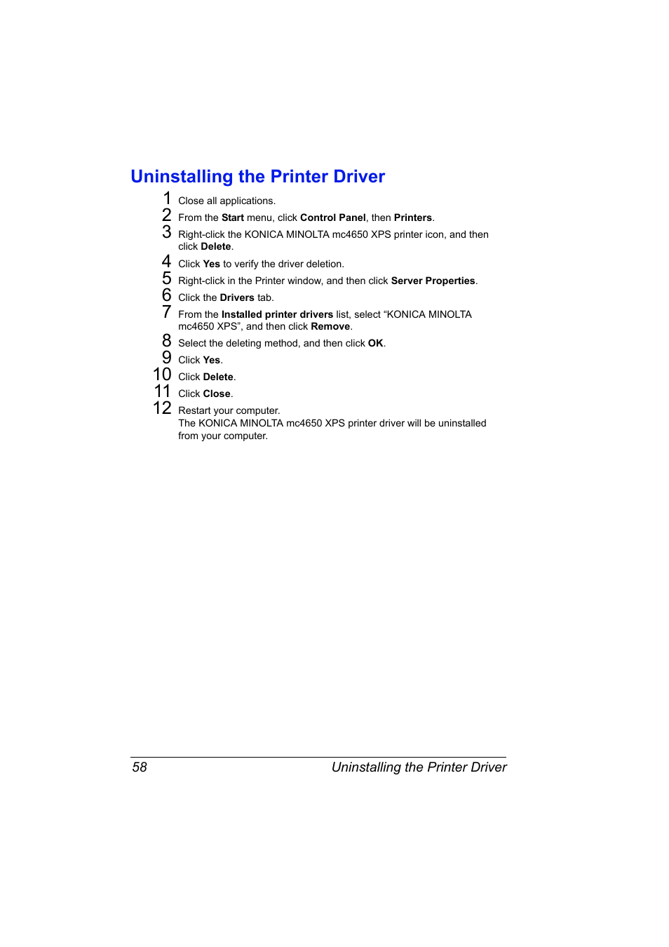 Uninstalling the printer driver, Uninstalling the printer driver 58, Uninstalling the printer driver 1 | Konica Minolta magicolor 4650 User Manual | Page 76 / 334