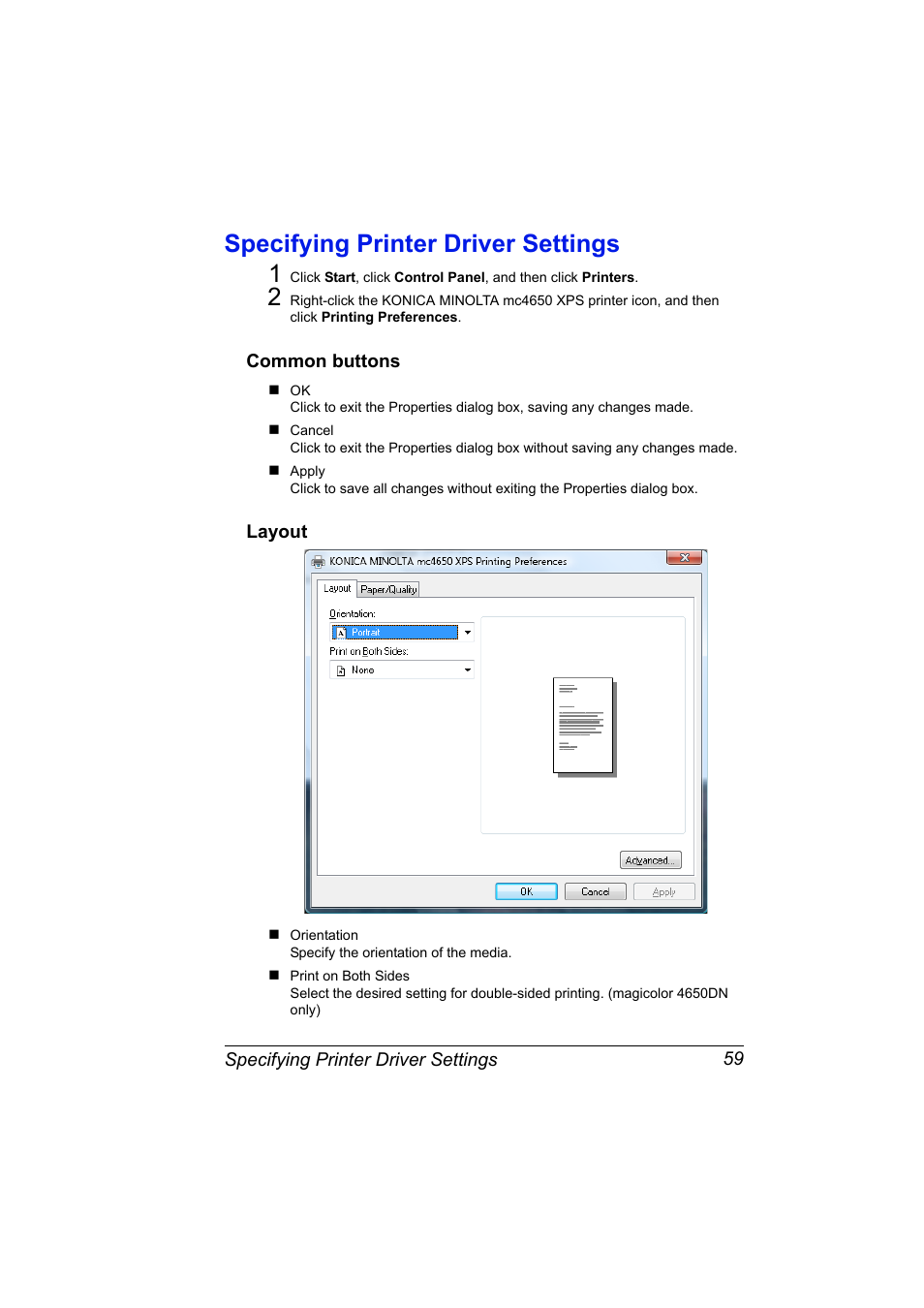 Specifying printer driver settings, Common buttons, Layout | Specifying printer driver settings 59, Common buttons 59 layout 59, Specifying printer driver settings 1 | Konica Minolta magicolor 4650 User Manual | Page 77 / 334