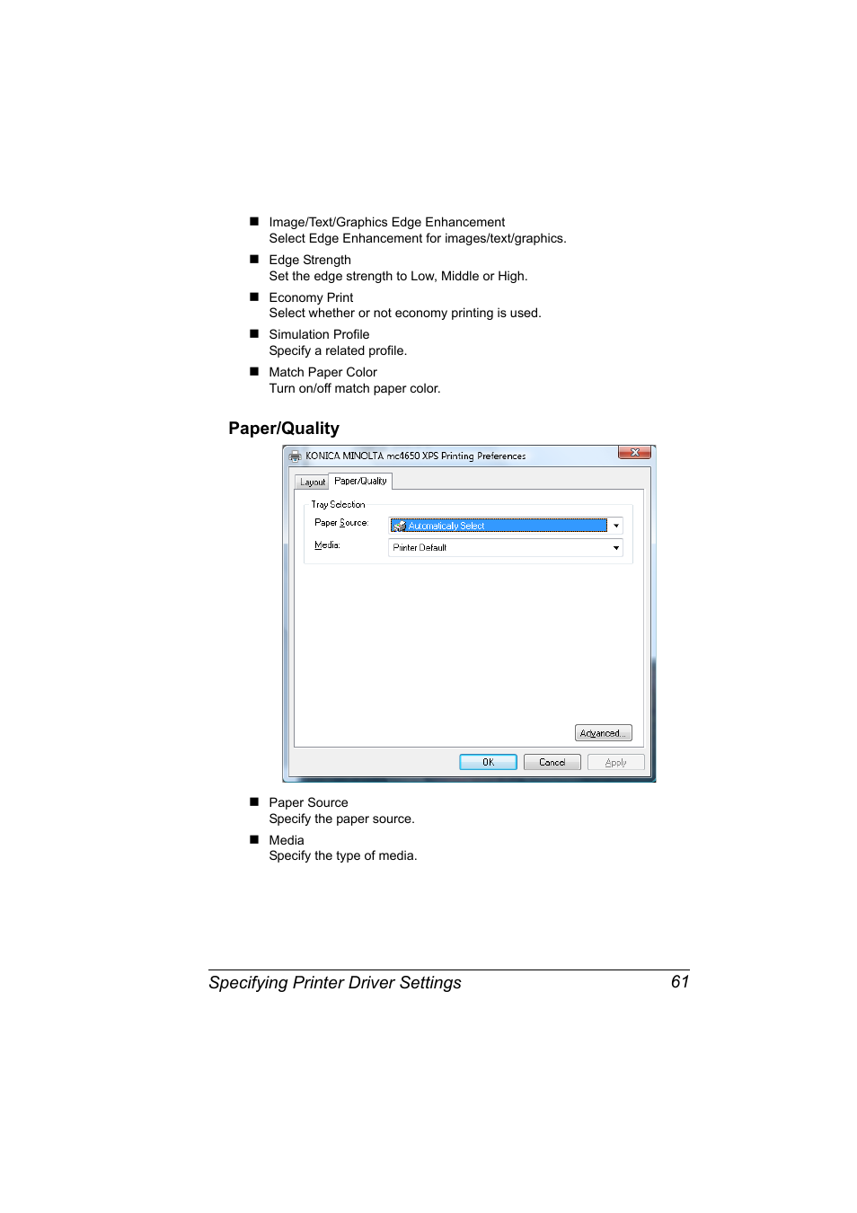 Paper/quality, Paper/quality 61, Specifying printer driver settings 61 | Konica Minolta magicolor 4650 User Manual | Page 79 / 334