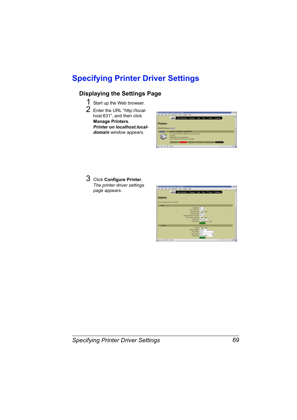 Specifying printer driver settings, Specifying printer driver settings 69 | Konica Minolta magicolor 4650 User Manual | Page 87 / 334