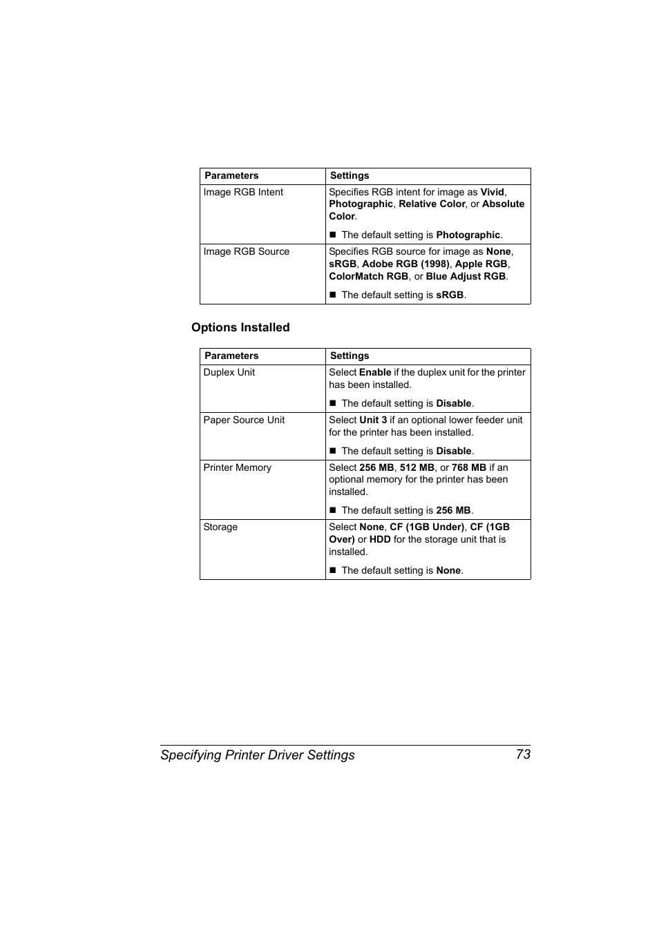 Options installed, Options installed 73, Specifying printer driver settings 73 | Konica Minolta magicolor 4650 User Manual | Page 91 / 334