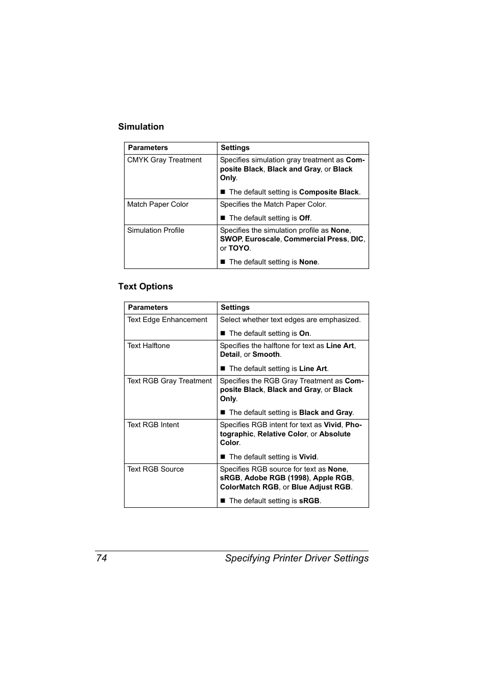 Simulation, Text options, Simulation 74 text options 74 | Specifying printer driver settings 74 | Konica Minolta magicolor 4650 User Manual | Page 92 / 334