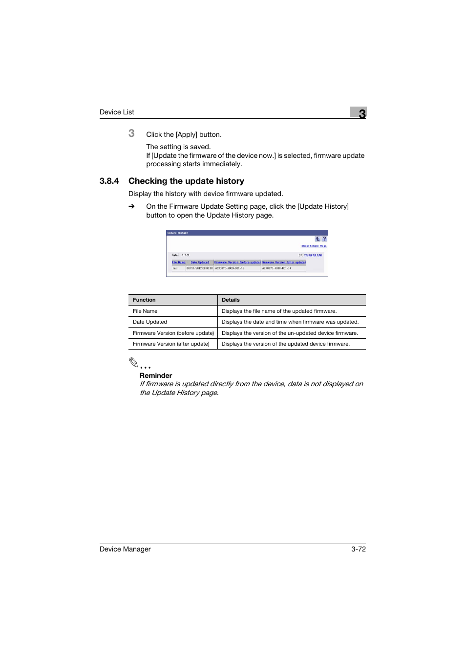 4 checking the update history, Checking the update history -72 | Konica Minolta PageScope Net Care Device Manager User Manual | Page 102 / 331