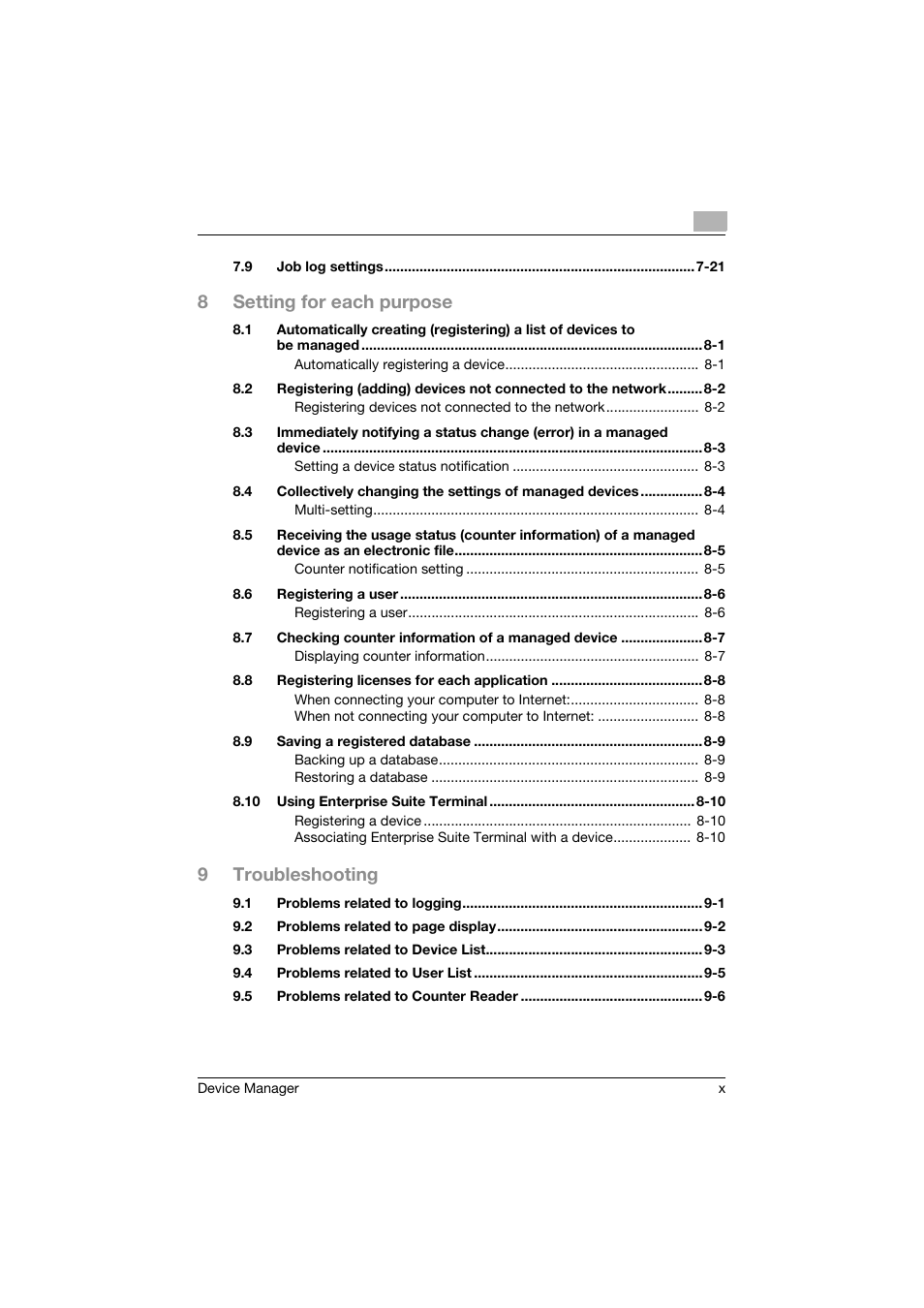 8setting for each purpose, 9troubleshooting | Konica Minolta PageScope Net Care Device Manager User Manual | Page 11 / 331