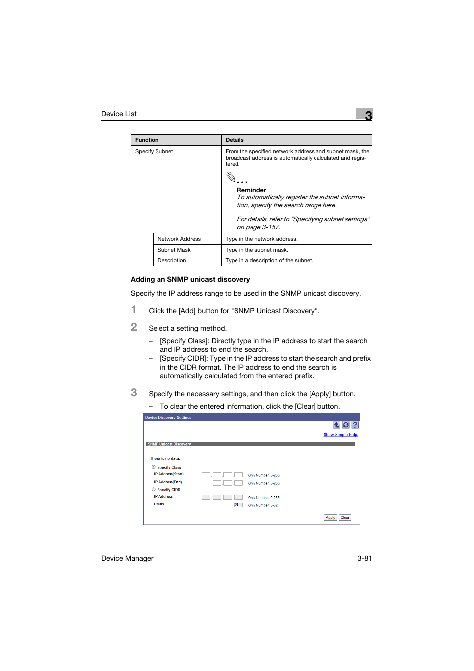 Adding an snmp unicast discovery, Adding an snmp unicast discovery -81 | Konica Minolta PageScope Net Care Device Manager User Manual | Page 111 / 331