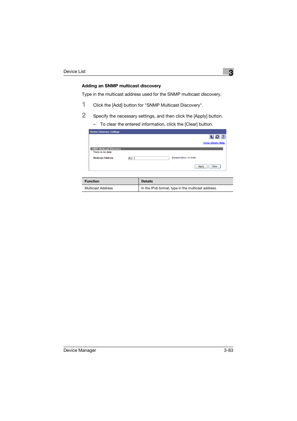 Adding an snmp multicast discovery, Adding an snmp multicast discovery -83 | Konica Minolta PageScope Net Care Device Manager User Manual | Page 113 / 331