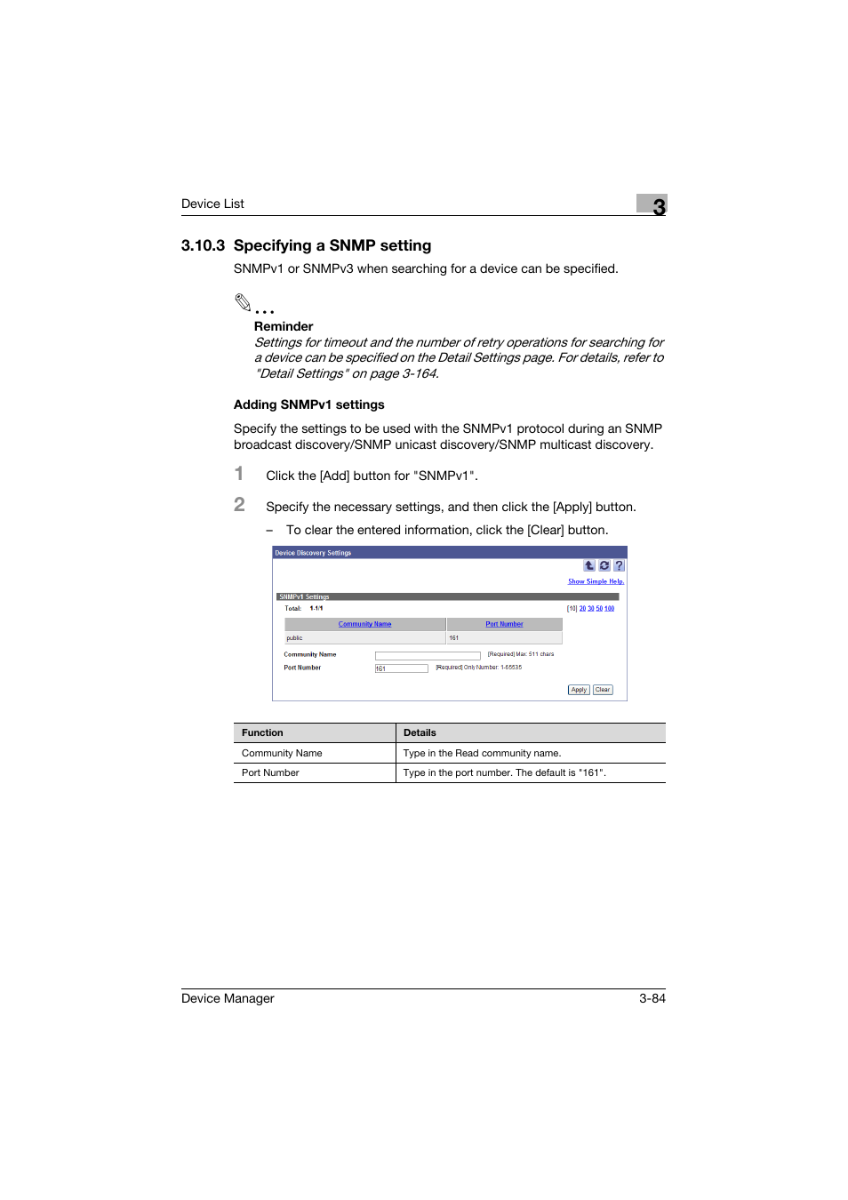 3 specifying a snmp setting, Adding snmpv1 settings | Konica Minolta PageScope Net Care Device Manager User Manual | Page 114 / 331