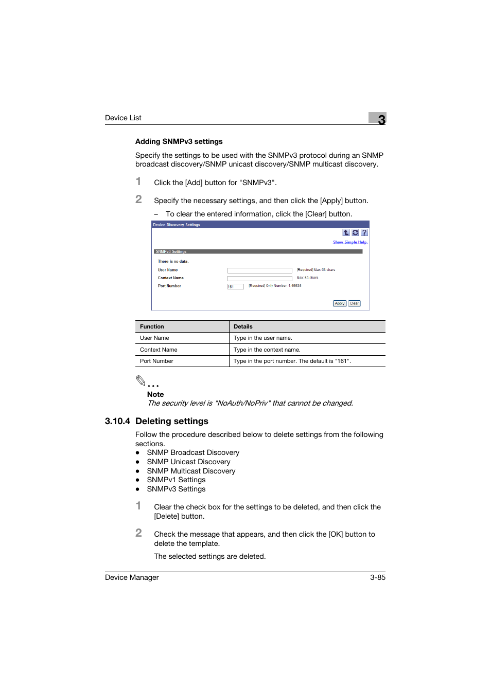 Adding snmpv3 settings, 4 deleting settings, Adding snmpv3 settings -85 | Deleting settings -85 | Konica Minolta PageScope Net Care Device Manager User Manual | Page 115 / 331