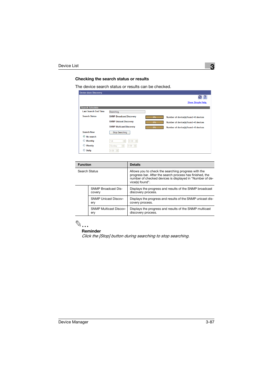 Checking the search status or results, Checking the search status or results -87 | Konica Minolta PageScope Net Care Device Manager User Manual | Page 117 / 331