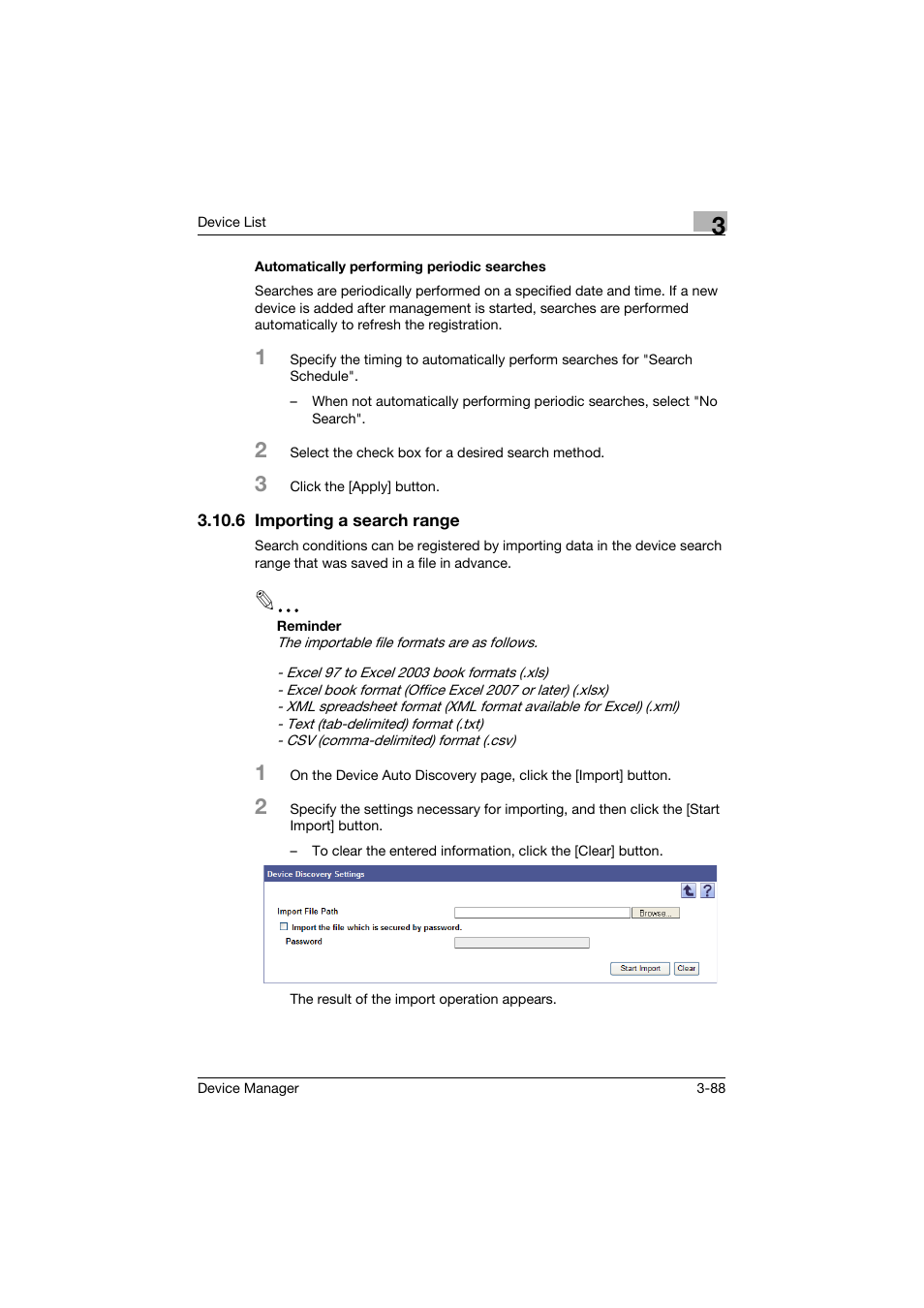 Automatically performing periodic searches, 6 importing a search range, Automatically performing periodic searches -88 | Importing a search range -88 | Konica Minolta PageScope Net Care Device Manager User Manual | Page 118 / 331